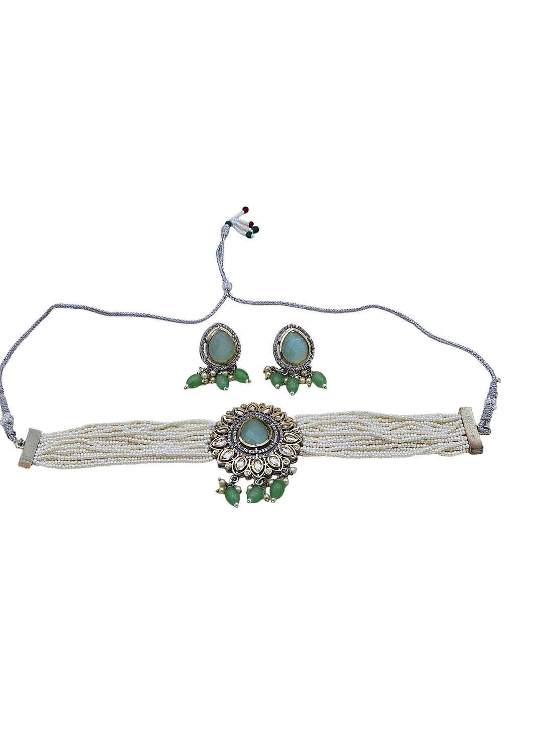 Charming Antique Gold AD-Faux Kundan Glass Polky- Monalisa Stone -Pearl-Green Glass Beads  Choker Necklace-Earringn Set