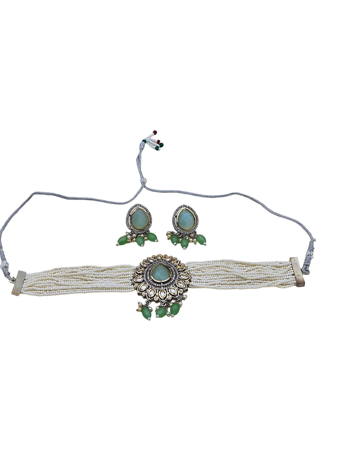 Charming Antique Gold AD-Faux Kundan Glass Polky- Monalisa Stone -Pearl-Green Glass Beads  Choker Necklace-Earringn Set