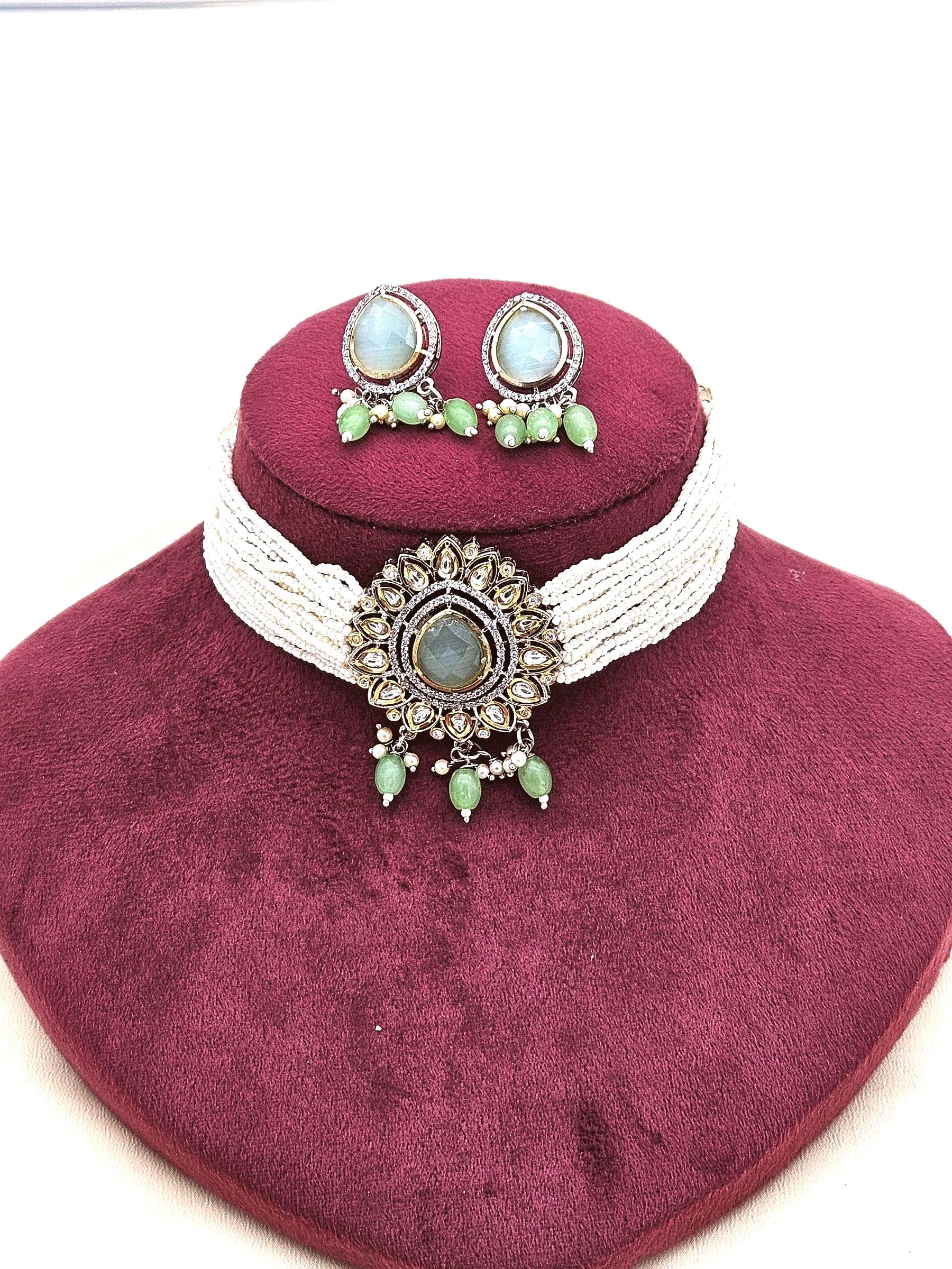 Charming Antique Gold AD-Faux Kundan Glass Polky- Monalisa Stone -Pearl-Green Glass Beads  Choker Necklace-Earringn Set