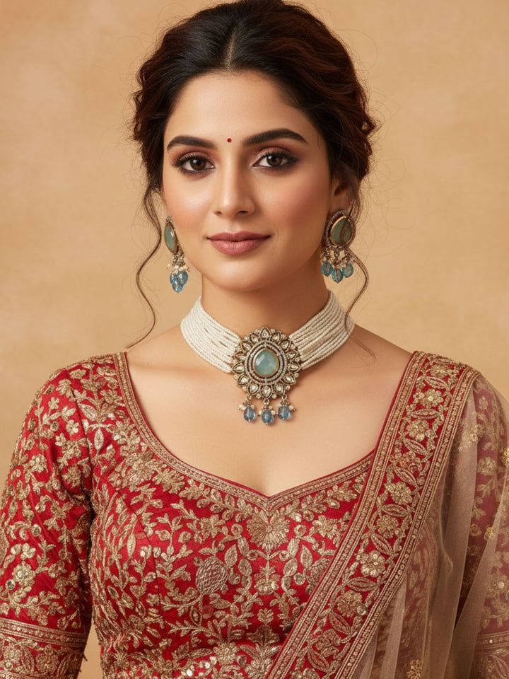 Charming Antique Gold AD-Faux Kundan Glass Polky- Monalisa Stone -Pearl-Blue Glass Beads  Choker Necklace-Earringn Set