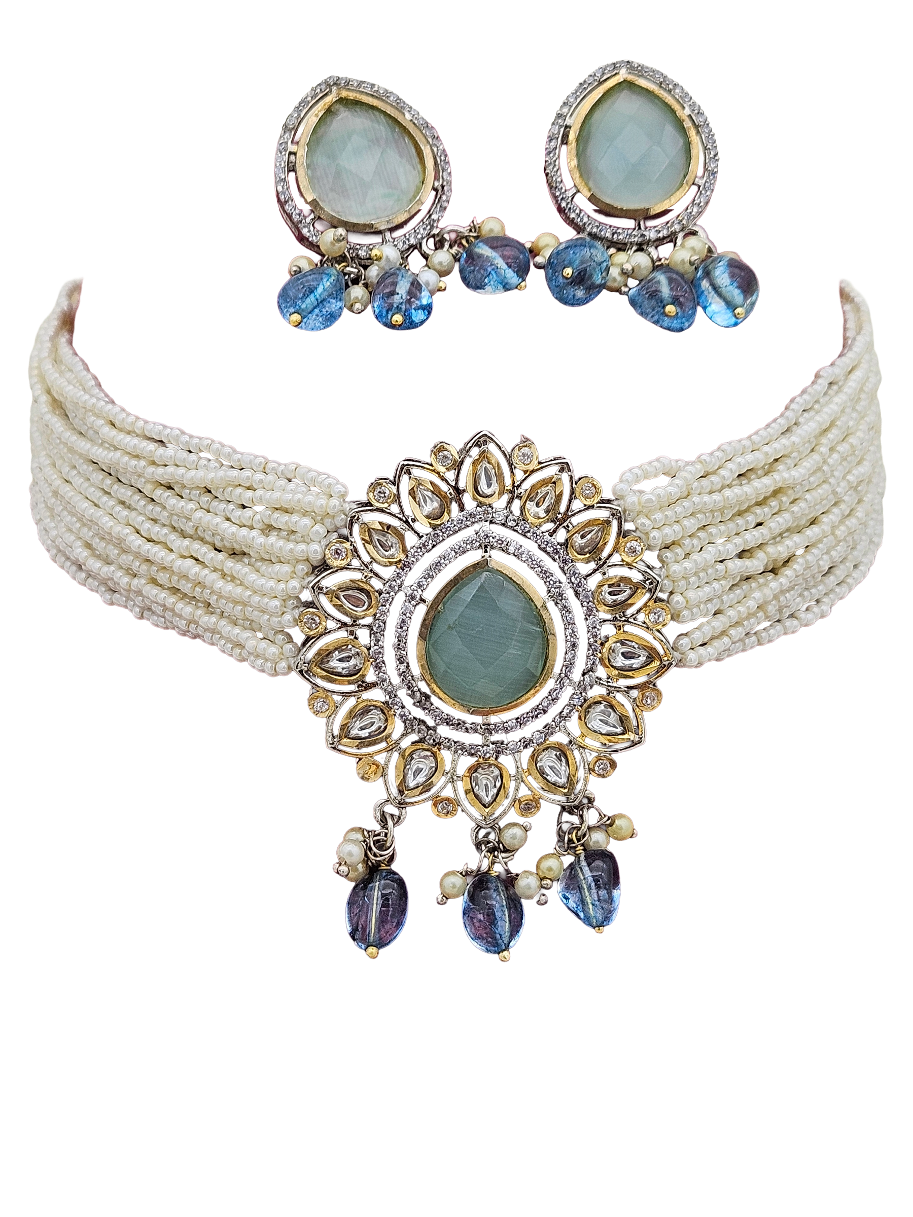 Ethnic choker necklace-earring set with antique gold finish, AD Polky, Monalisa stones, and pearl detailing
