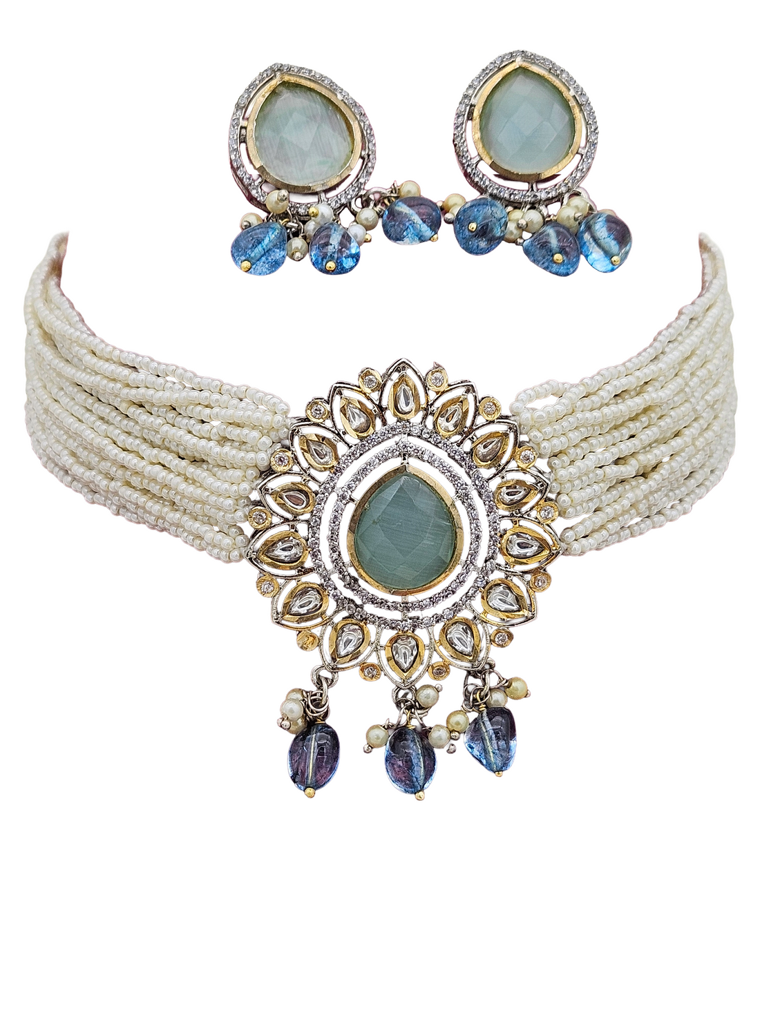 Ethnic choker necklace-earring set with antique gold finish, AD Polky, Monalisa stones, and pearl detailing
