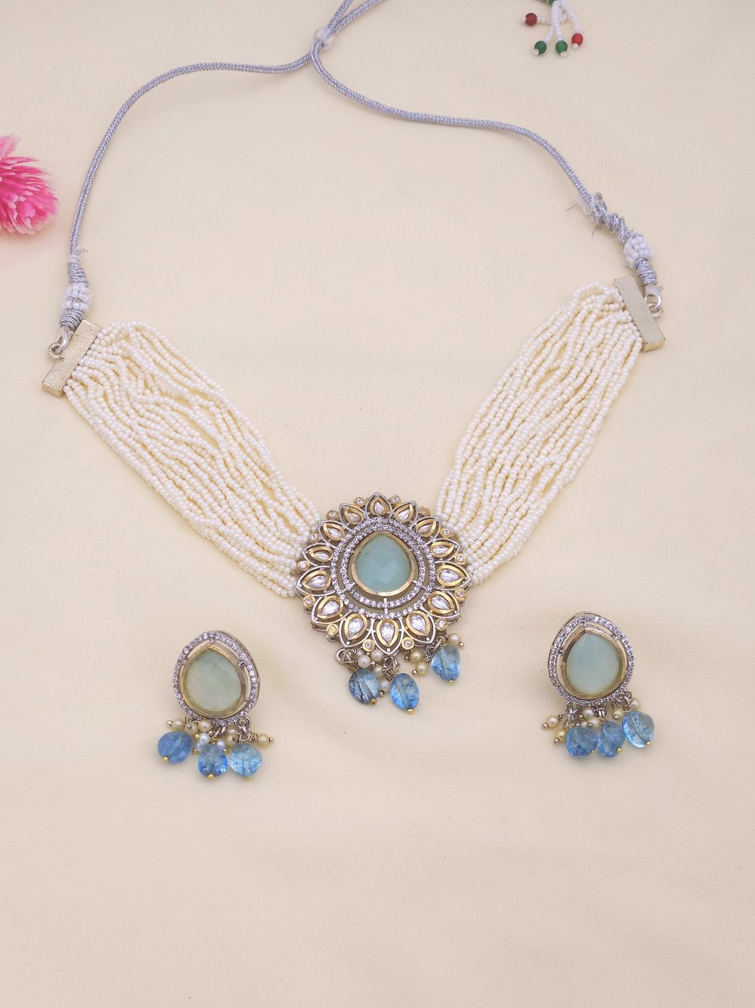 Antique gold AD Polky Monalisa stone pearl choker necklace-earring set for women, great for ethnic and festive celebrations
