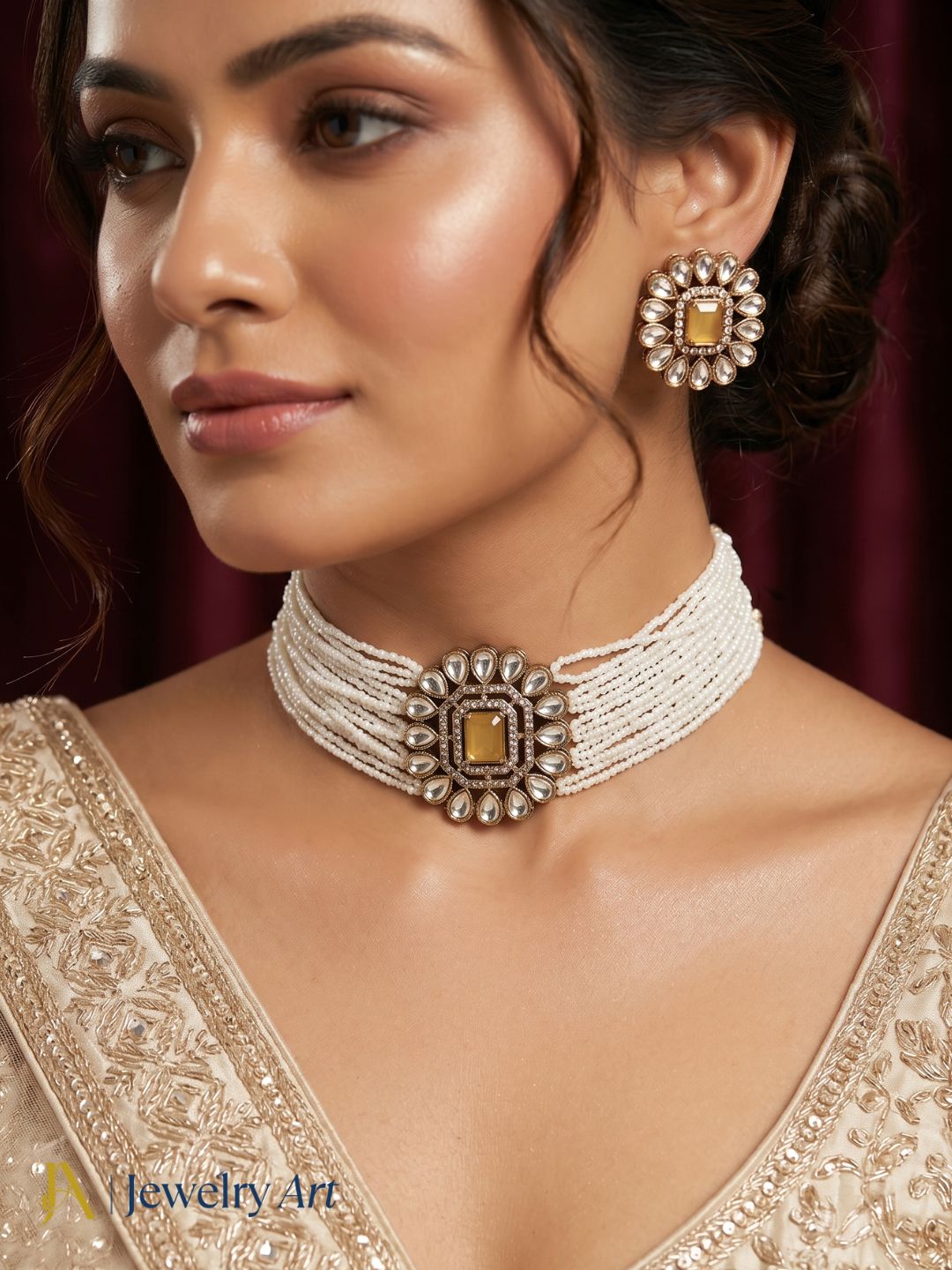Antique gold plated necklace set with AD faux kundan polky and yellow stones
