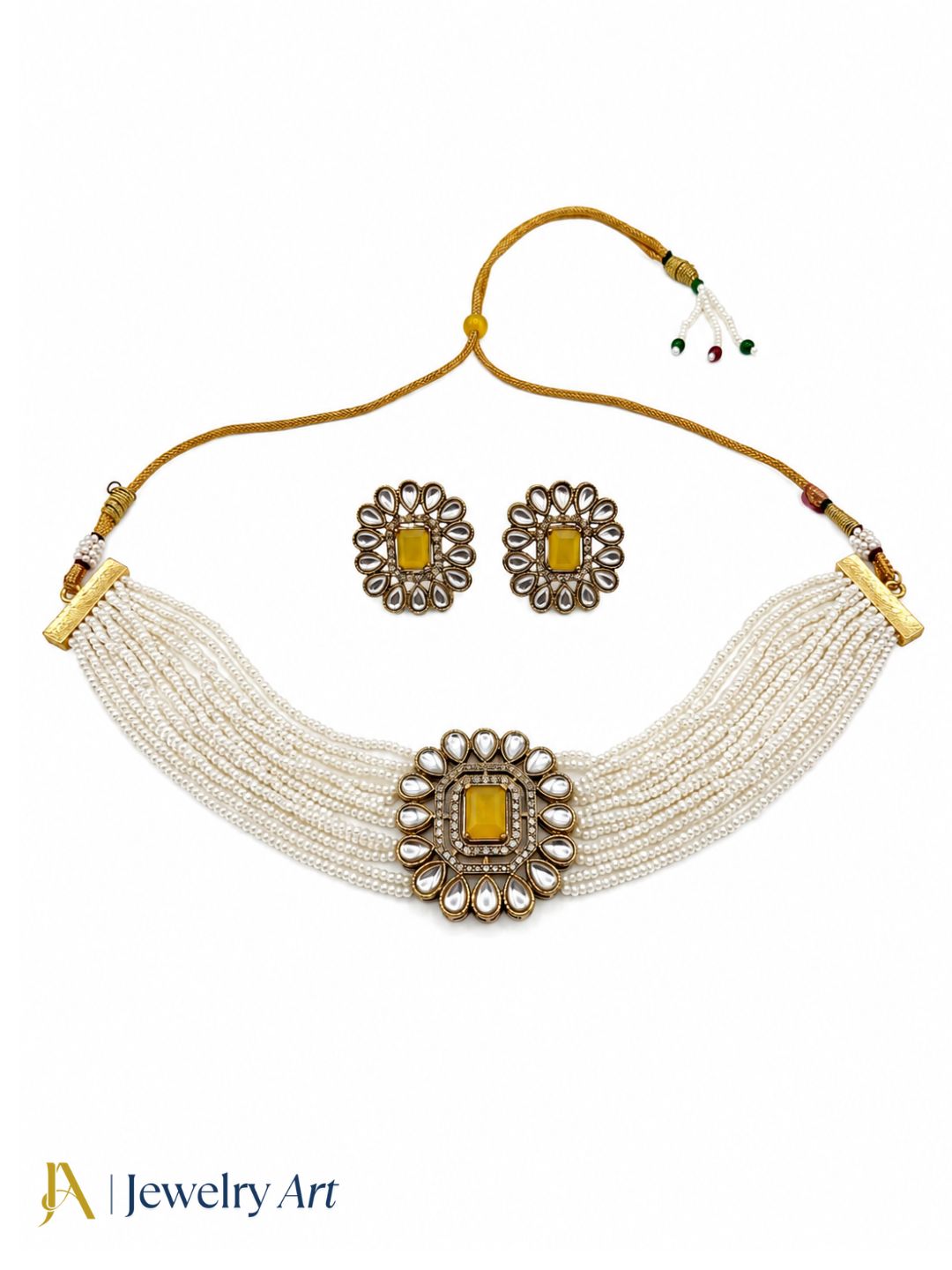 Antique gold plated necklace set with AD faux kundan polky and yellow stones
