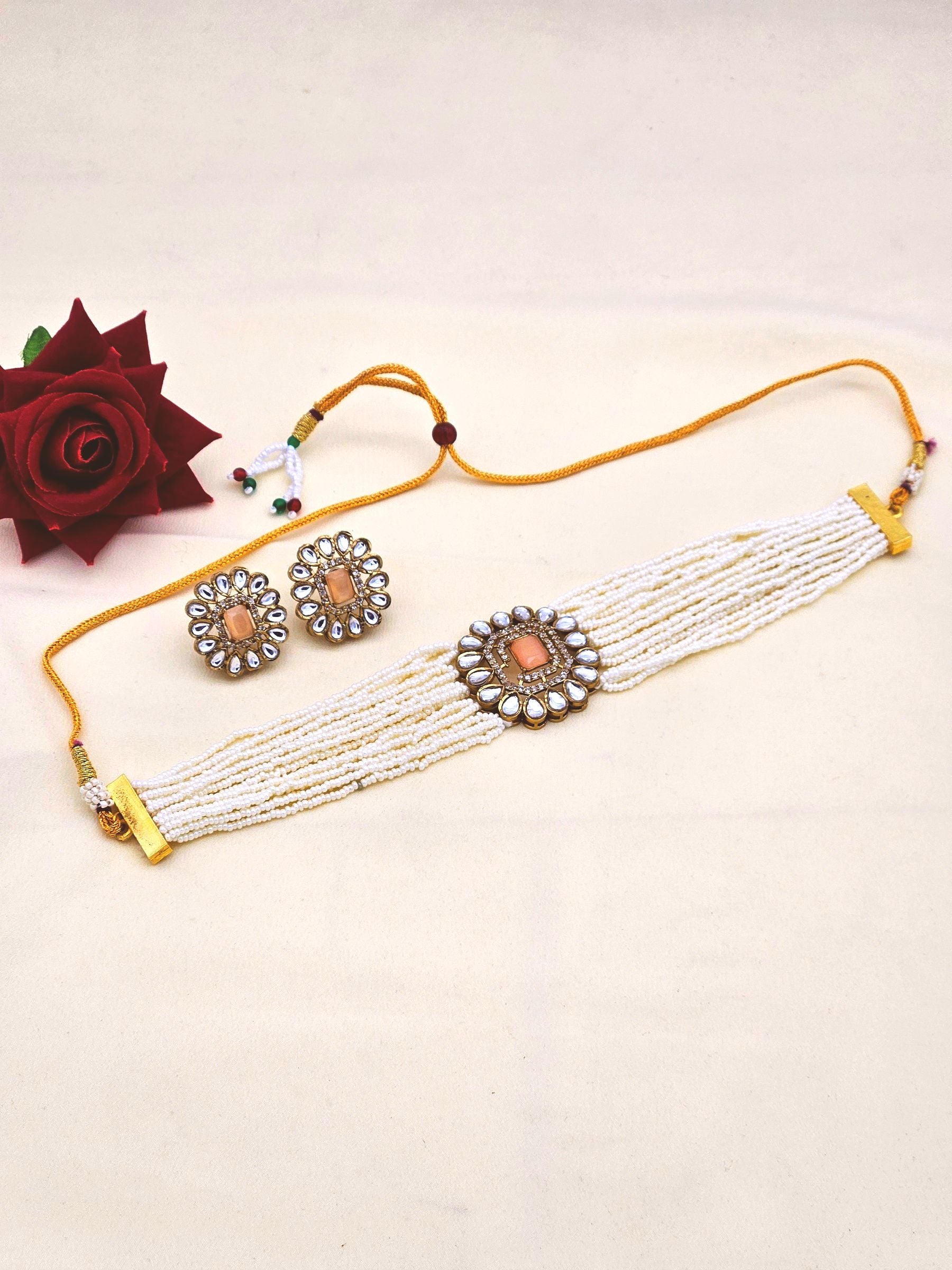 Gorgeous Antique Gold AD-Faux Kundan Polky- Pink Monalisa Stone -Pearl Choker Necklace-Earrings Set