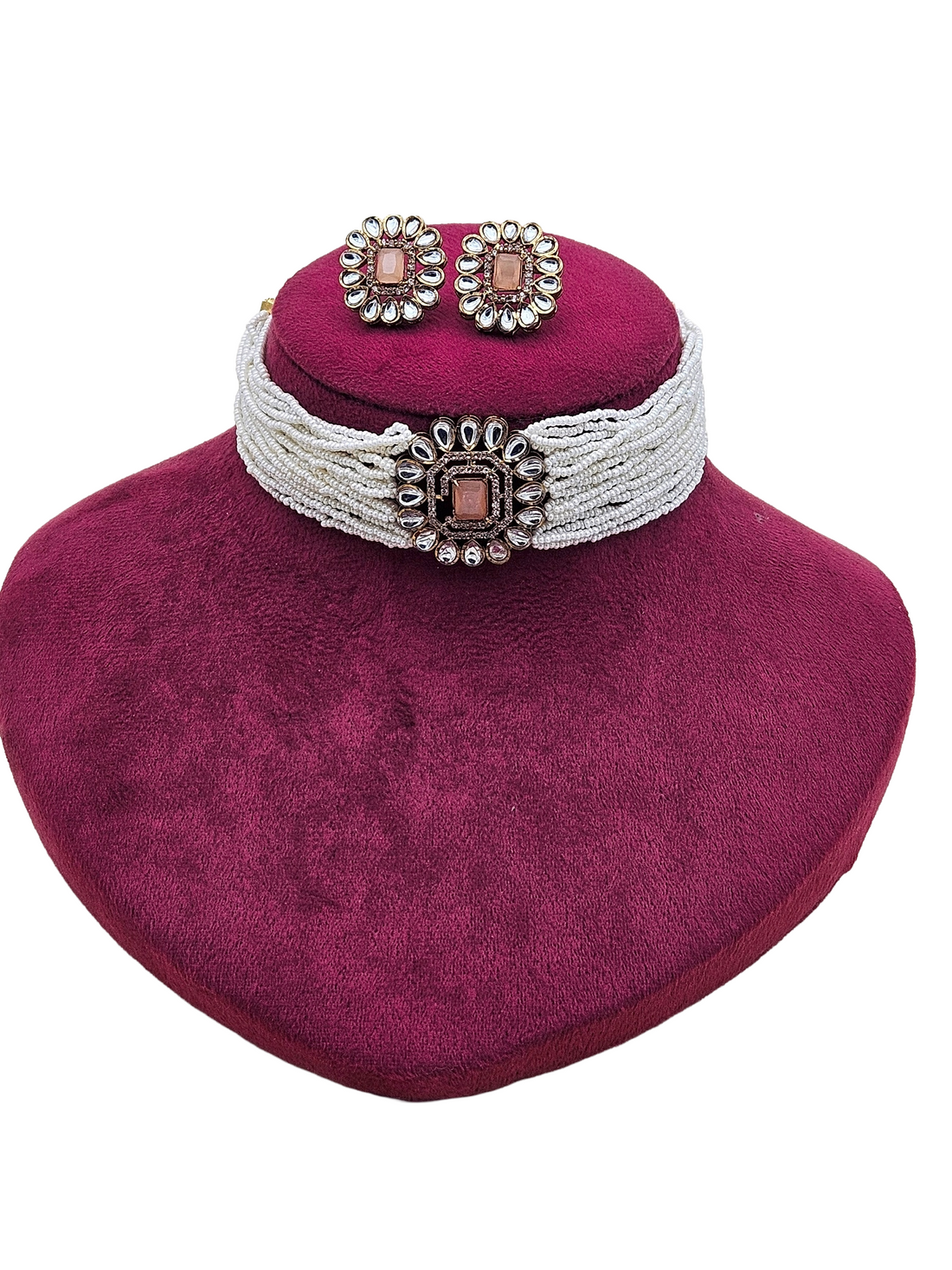 Gorgeous Antique Gold AD-Faux Kundan Polky- Pink Monalisa Stone -Pearl Choker Necklace-Earrings Set