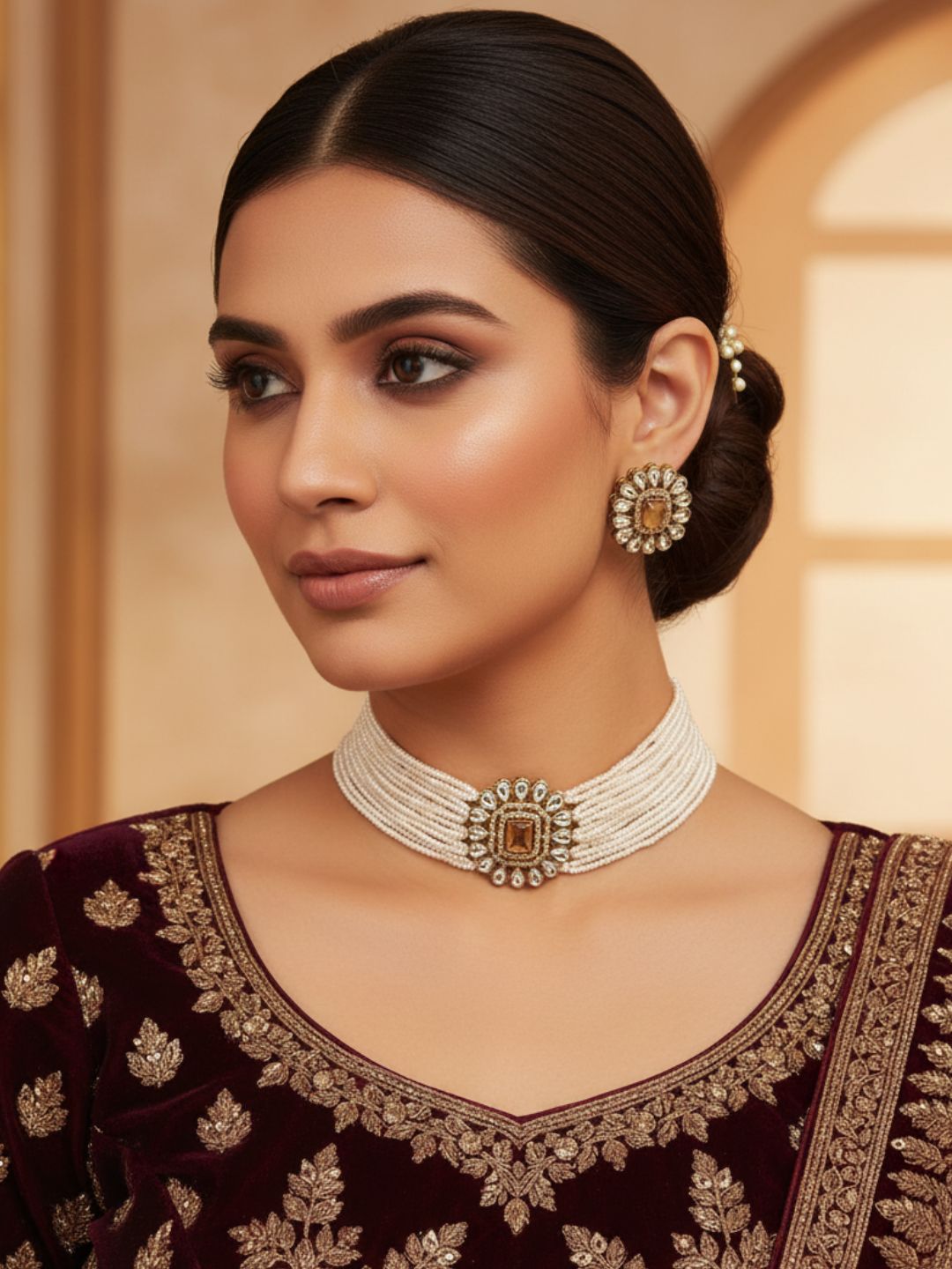 Gorgeous Antique Gold AD-Faux Kundan Polky- Yellow Monalisa Stone -Pearl Choker Necklace-Earrings Set