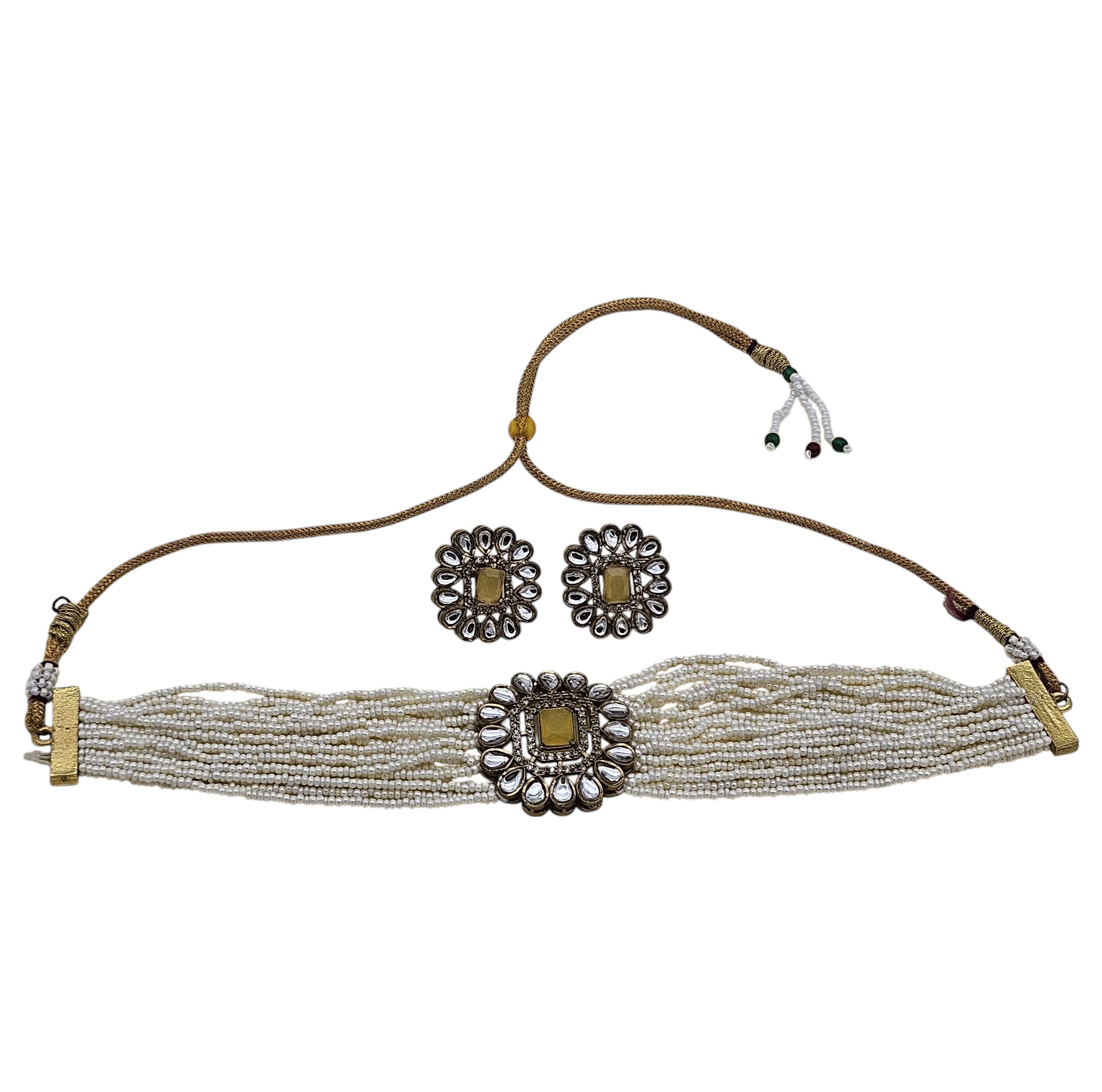 Intricate gold-tone choker set featuring Monalisa stones, synthetic Polki, American diamonds, and elegant pearls
