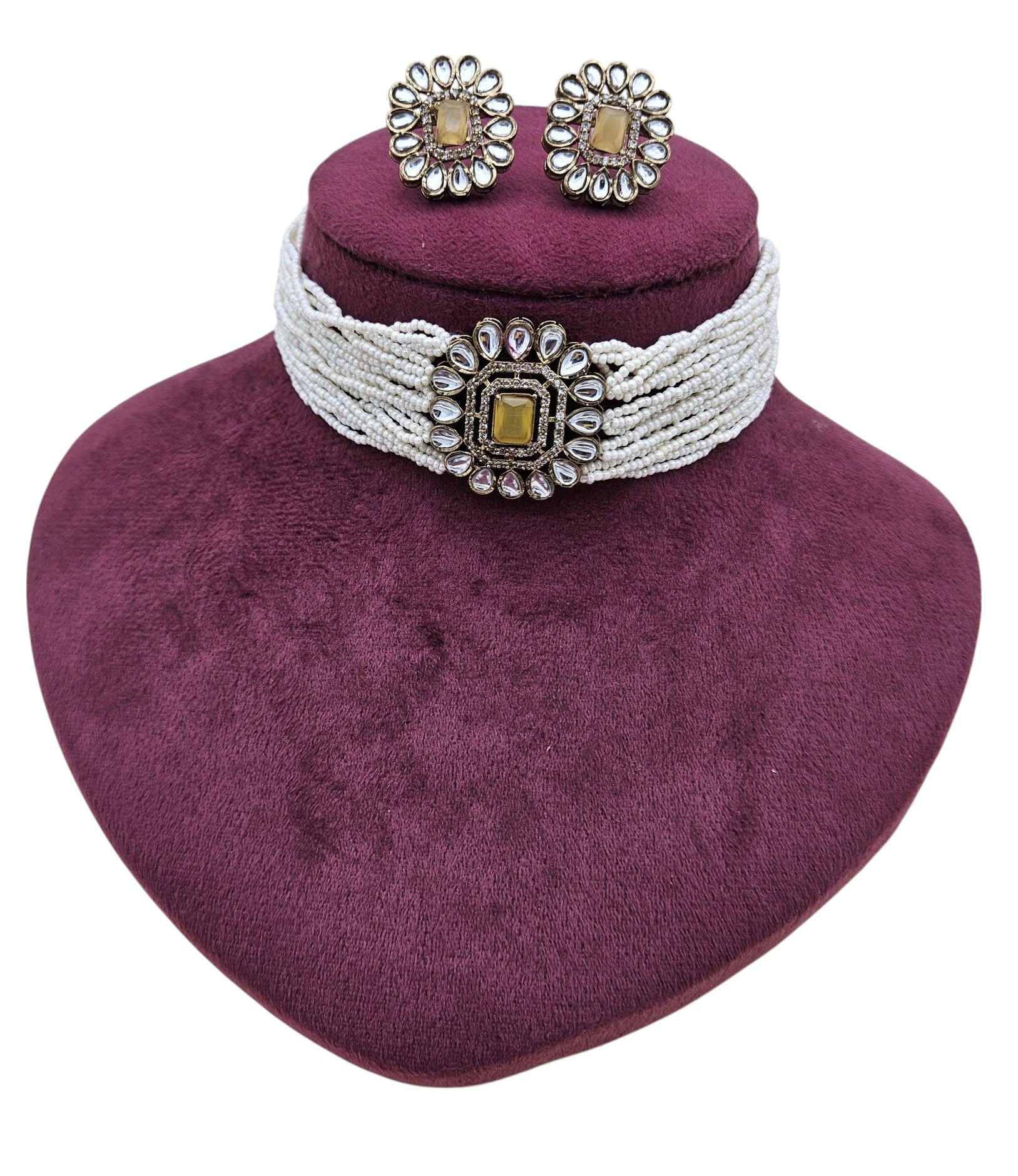 Gorgeous Antique Gold AD-Faux Kundan Polky- Yellow Monalisa Stone -Pearl Choker Necklace-Earrings Set