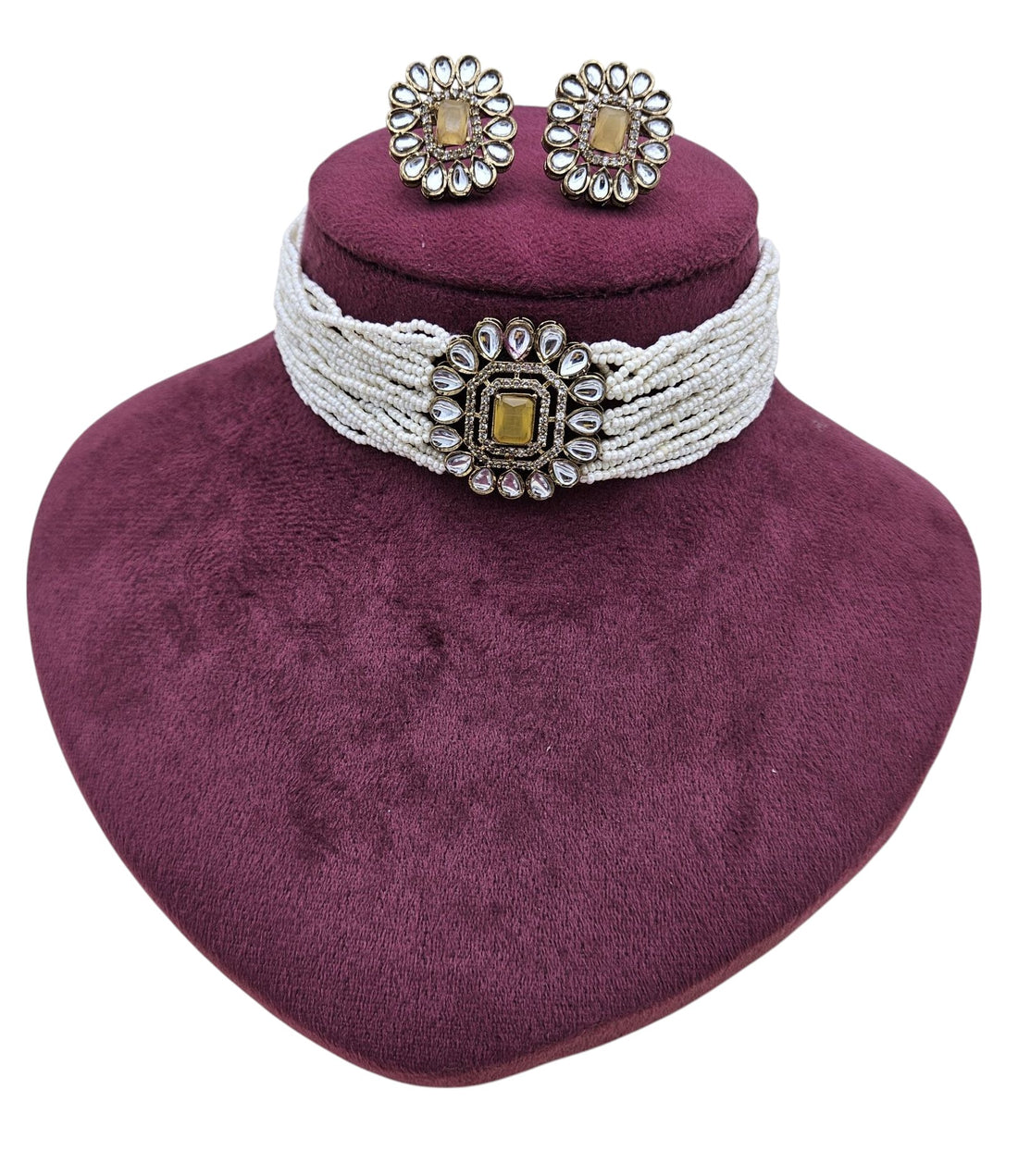 Gorgeous Antique Gold AD-Faux Kundan Polky- Yellow Monalisa Stone -Pearl Choker Necklace-Earrings Set