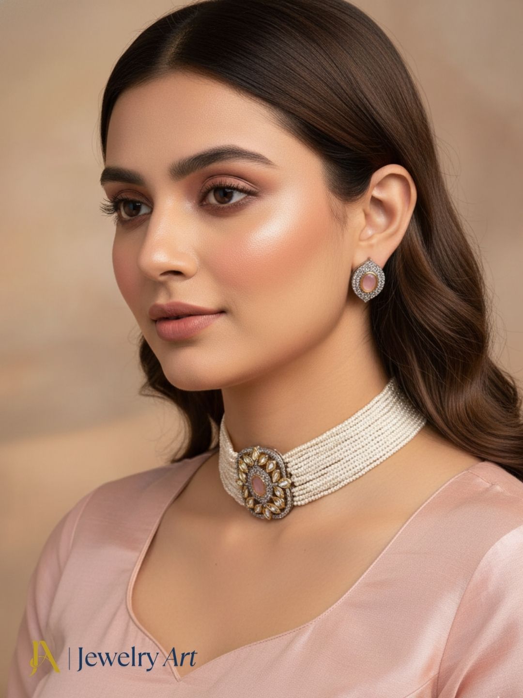 Premium ethnic choker set with AD faux kundan and pearl embellishments
