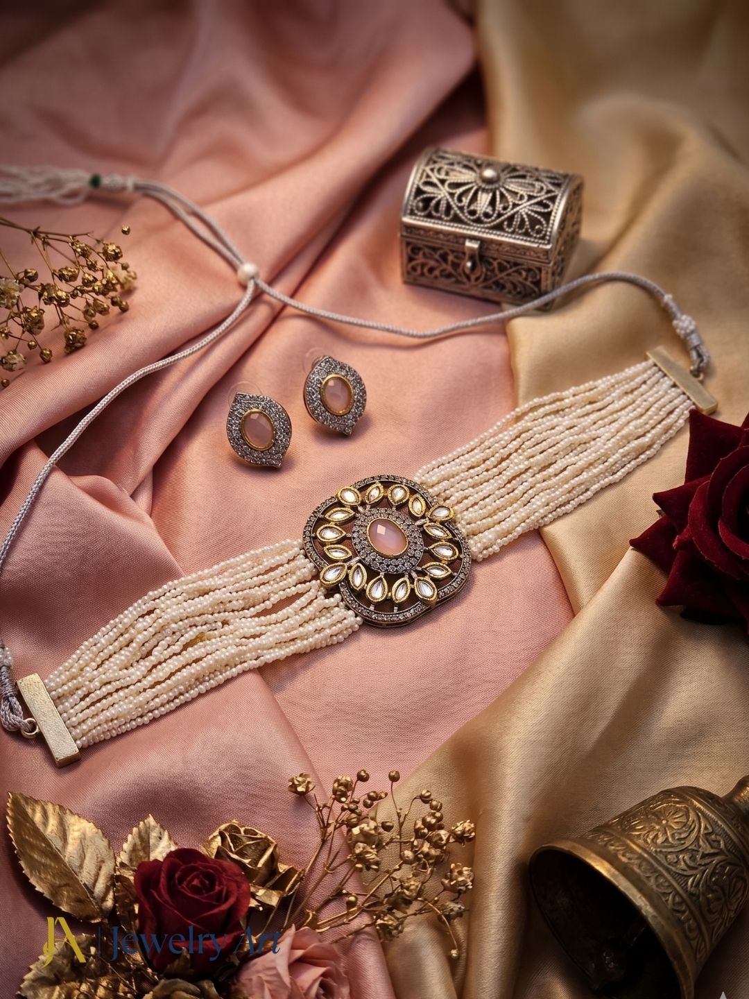 Premium ethnic choker set with AD faux kundan and pearl embellishments
