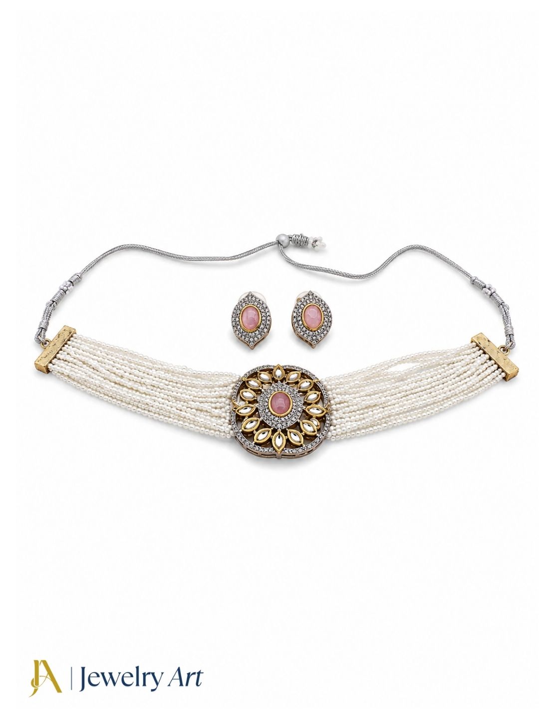 Premium ethnic choker set with AD faux kundan and pearl embellishments
