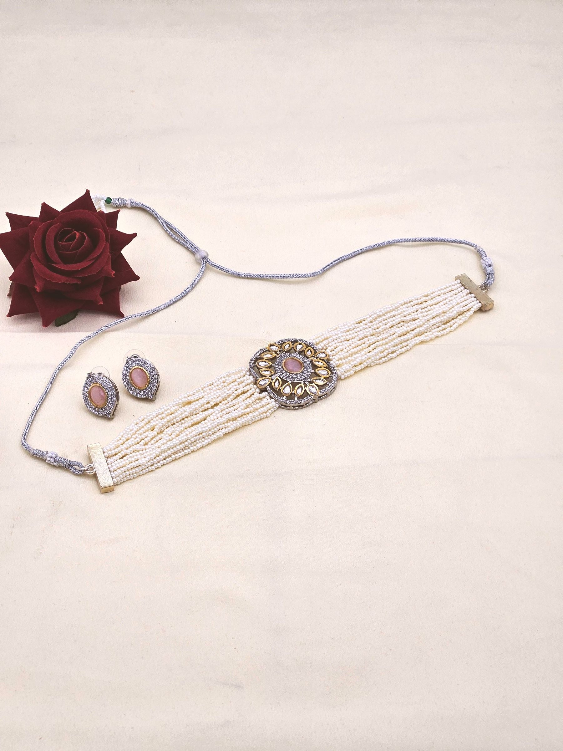 Charming Antique Gold AD-Faux Kundan Polky- Pink Monalisa Stone -Pearl Choker Necklace-Earrings Set