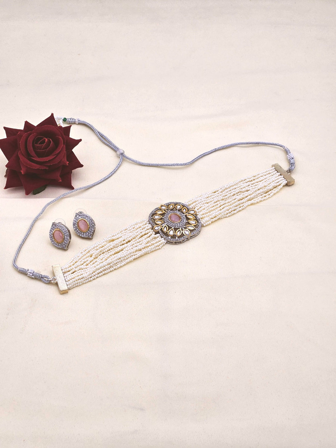 Charming Antique Gold AD-Faux Kundan Polky- Pink Monalisa Stone -Pearl Choker Necklace-Earrings Set