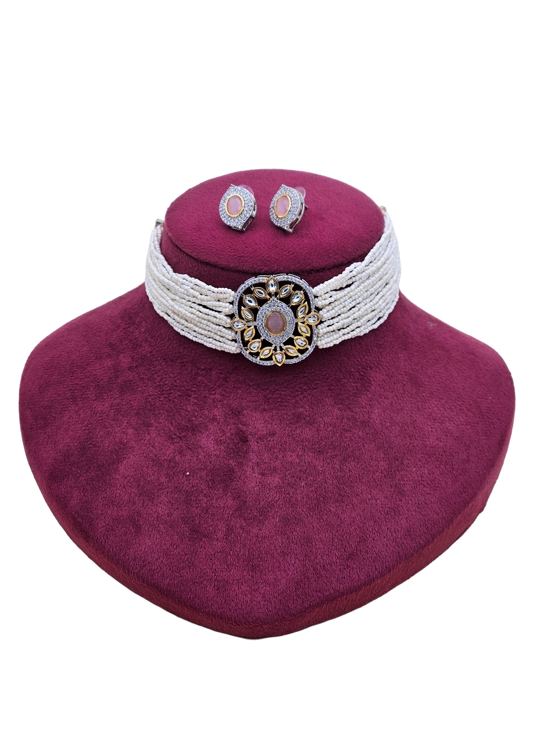 Charming Antique Gold AD-Faux Kundan Polky- Pink Monalisa Stone -Pearl Choker Necklace-Earrings Set