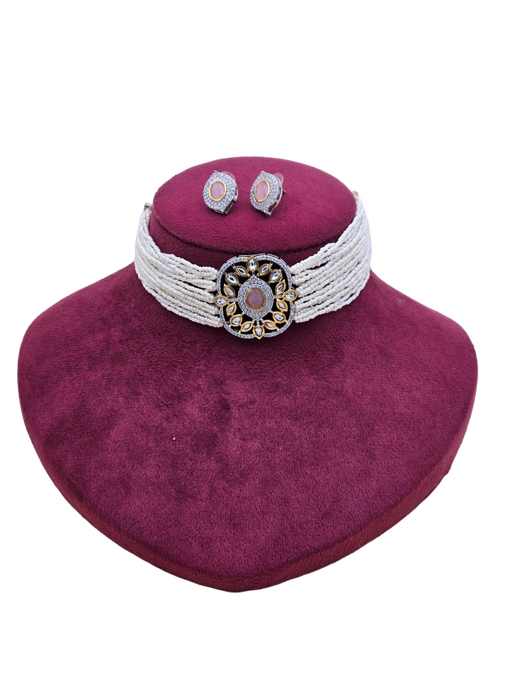Charming Antique Gold AD-Faux Kundan Polky- Pink Monalisa Stone -Pearl Choker Necklace-Earrings Set