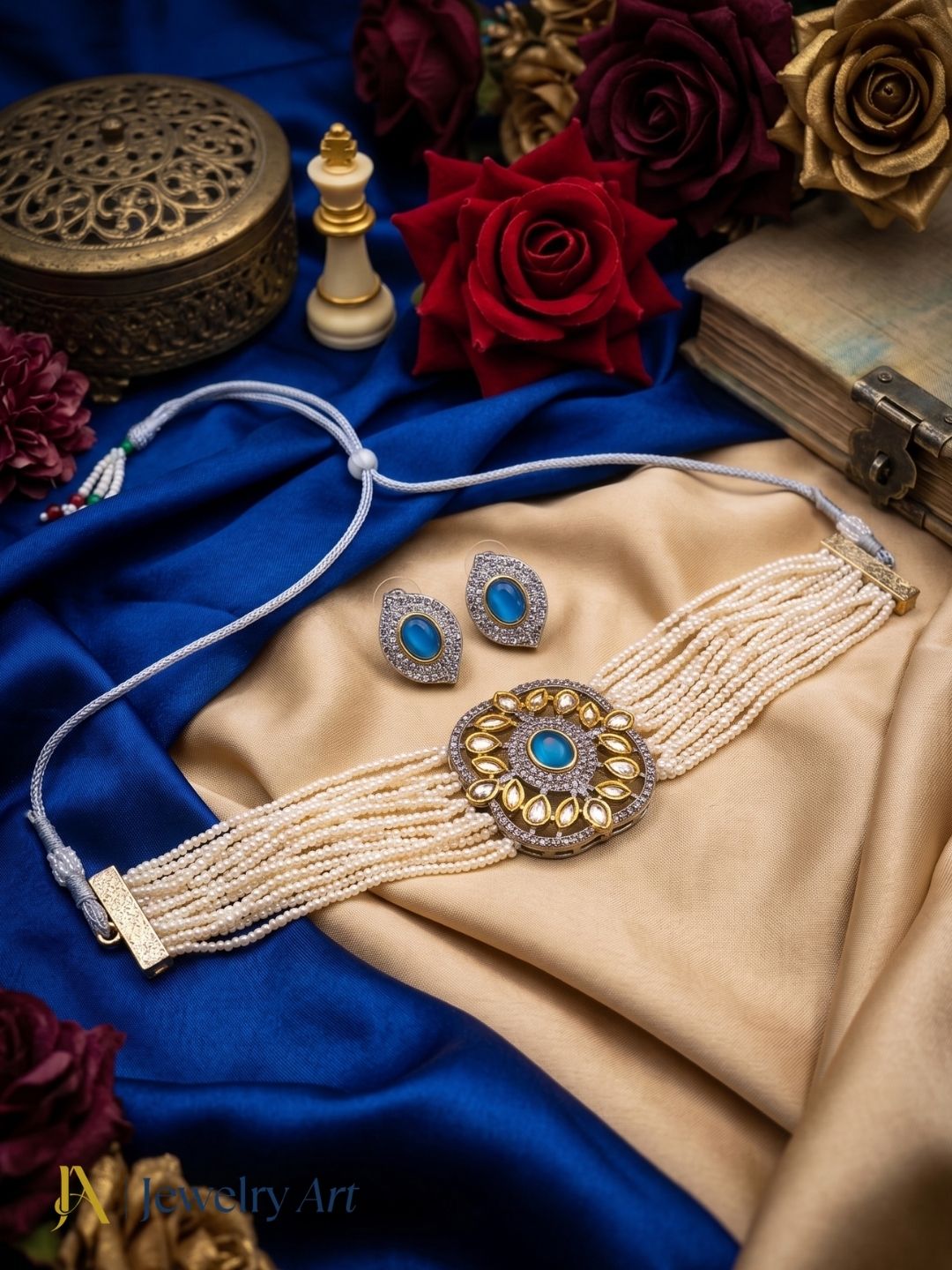 Antique gold plated necklace set with AD faux kundan polky and blue stones
