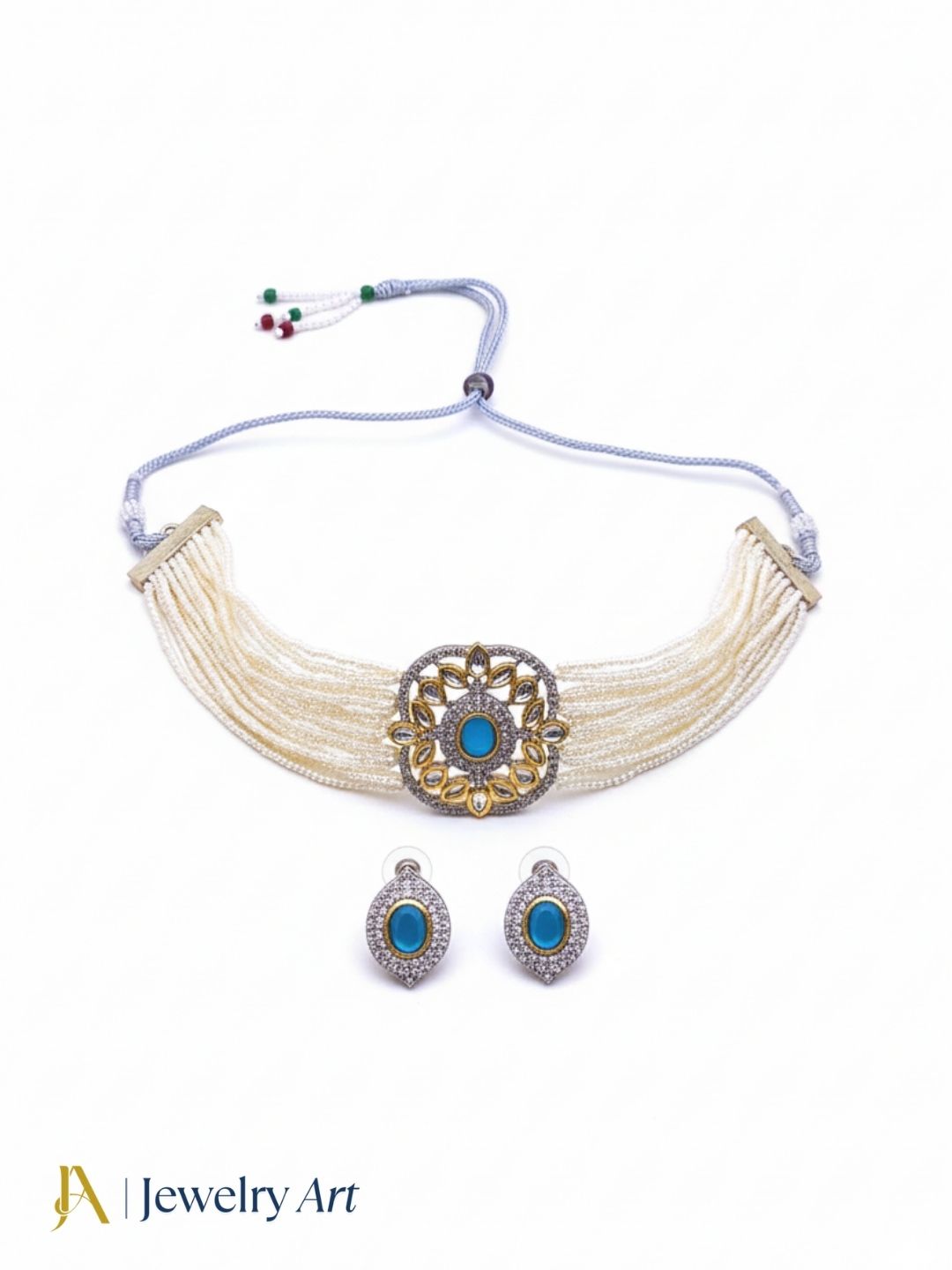 Antique gold plated necklace set with AD faux kundan polky and blue stones
