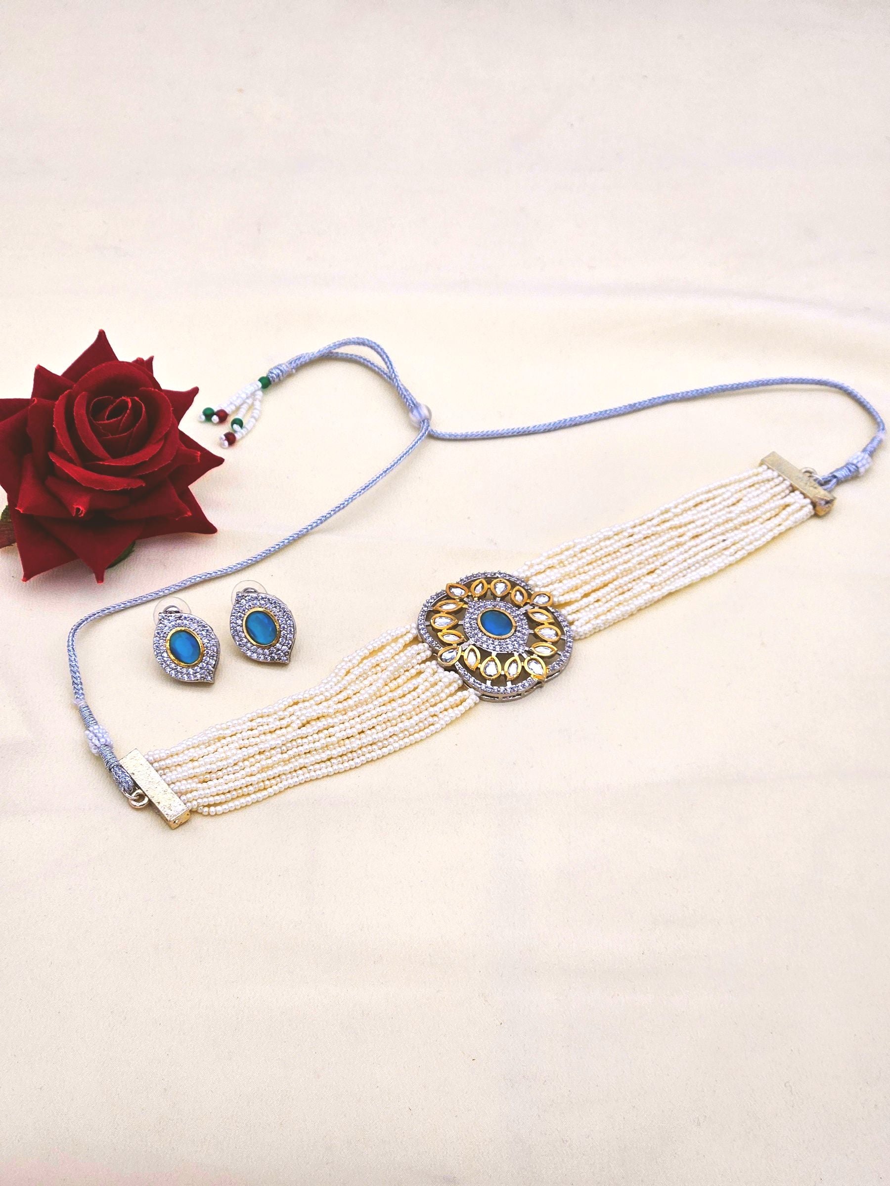 Charming Antique Gold AD-Faux Kundan Polky- Blue Monalisa Stone -Pearl Choker Necklace-Earrings Set