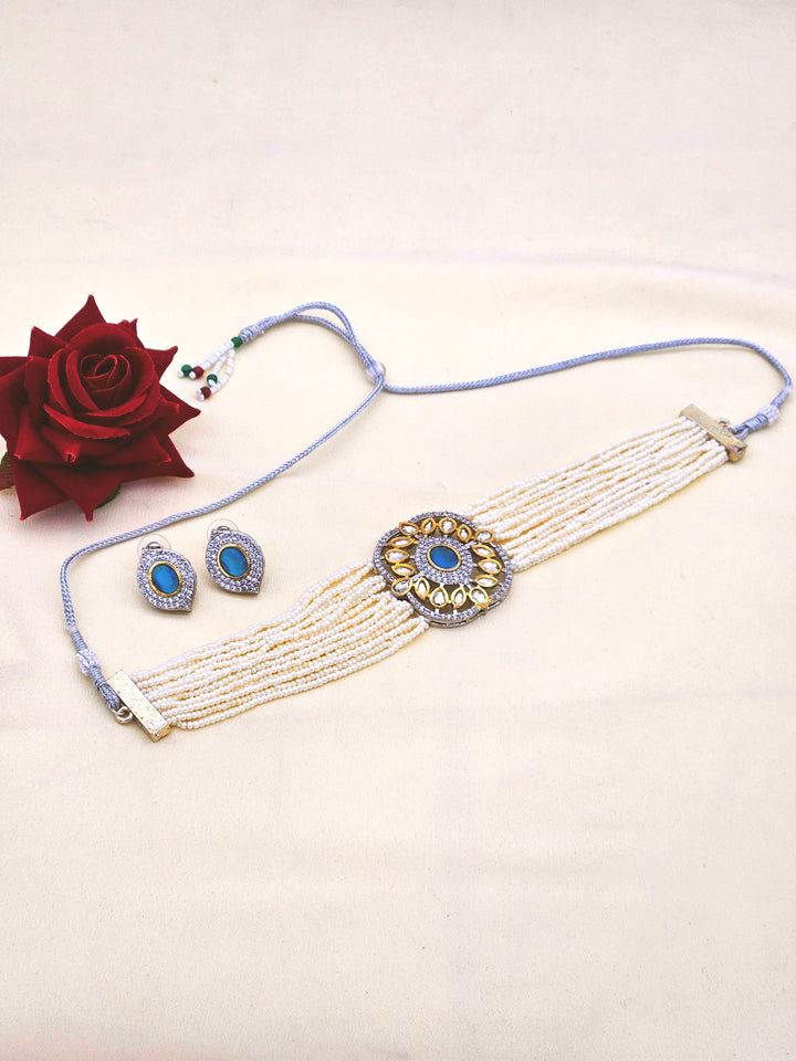 Charming Antique Gold AD-Faux Kundan Polky- Blue Monalisa Stone -Pearl Choker Necklace-Earrings Set