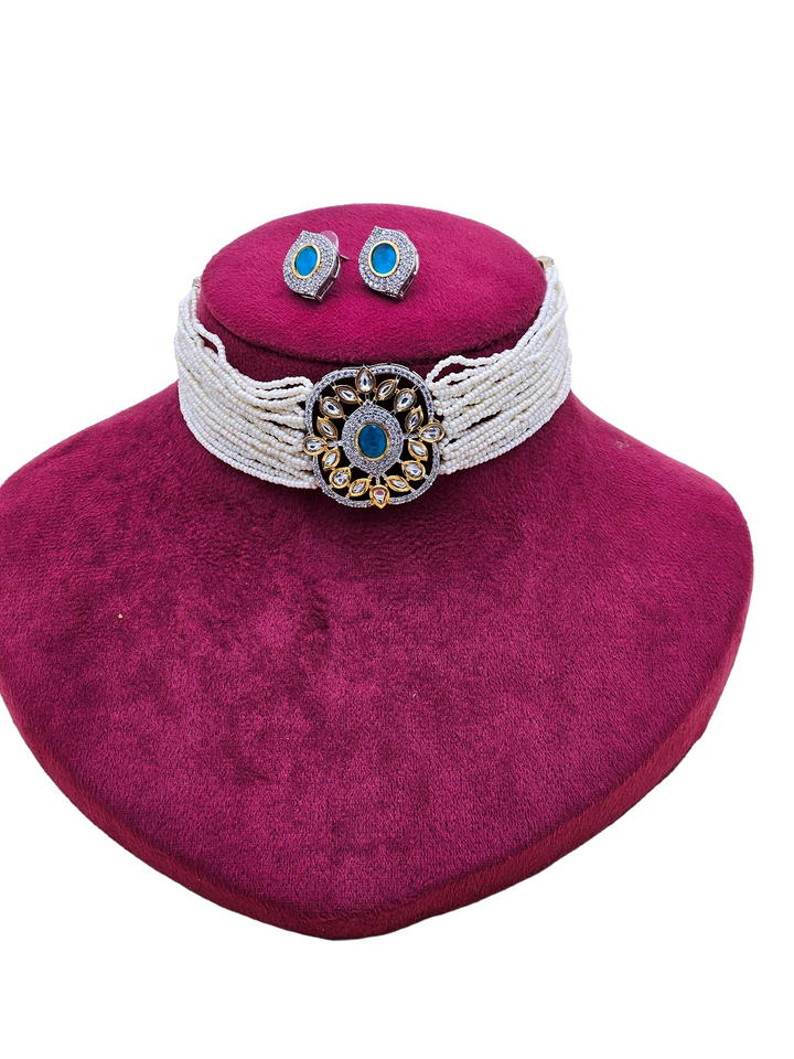 Charming Antique Gold AD-Faux Kundan Polky- Blue Monalisa Stone -Pearl Choker Necklace-Earrings Set