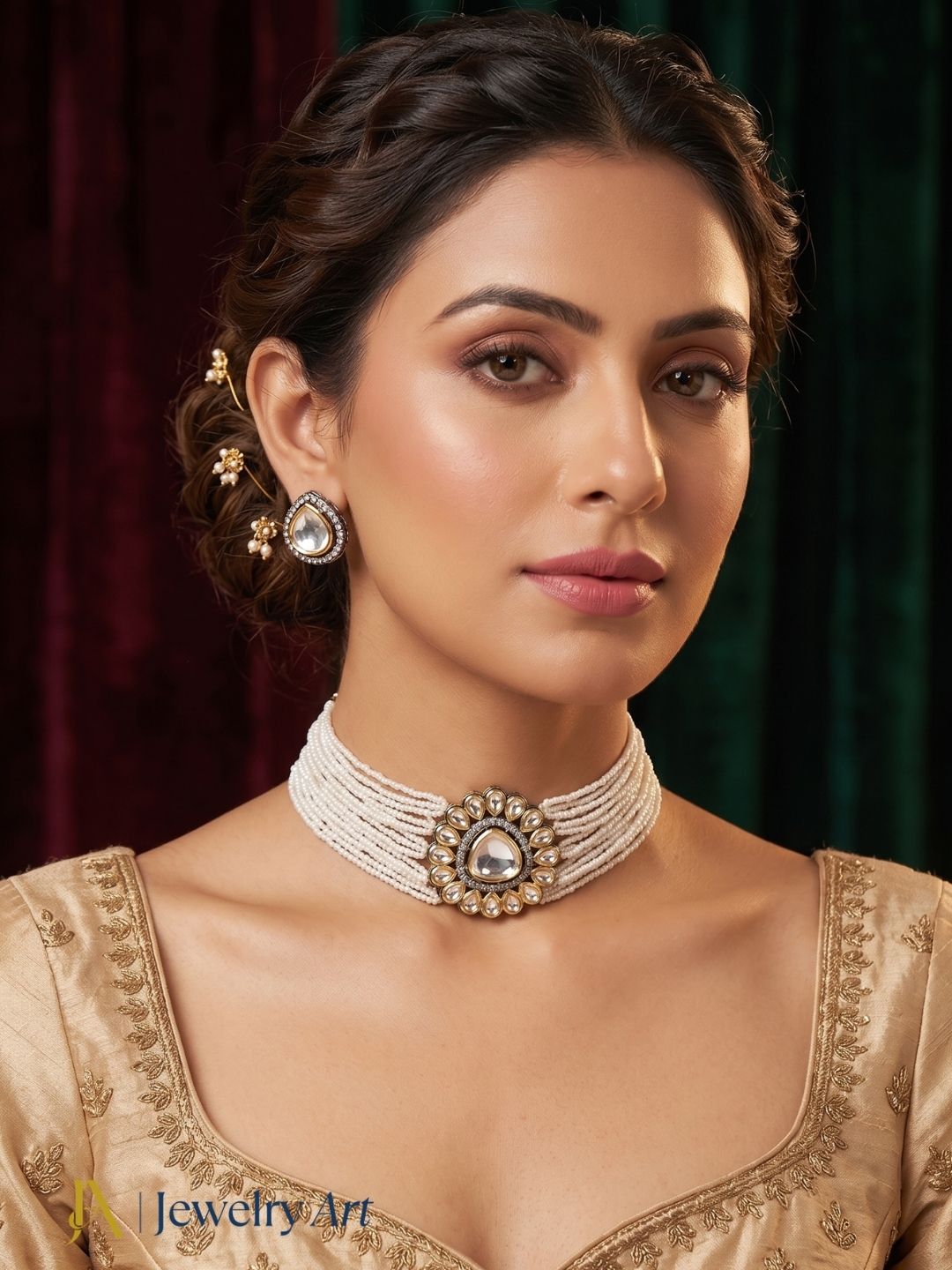 Classic traditional choker necklace set with antique gold finish and pearls
