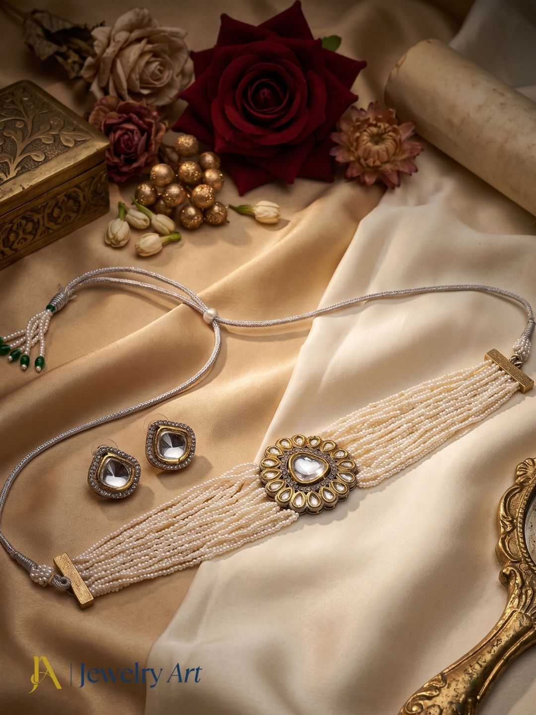 Classic traditional choker necklace set with antique gold finish and pearls
