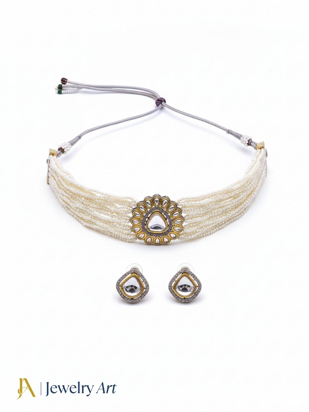 Classic traditional choker necklace set with antique gold finish and pearls
