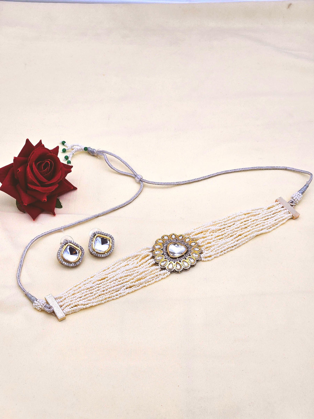 Awesome Antique Gold AD-Brass Kundan Polky- Pearl Choker Necklace-Earrings Set