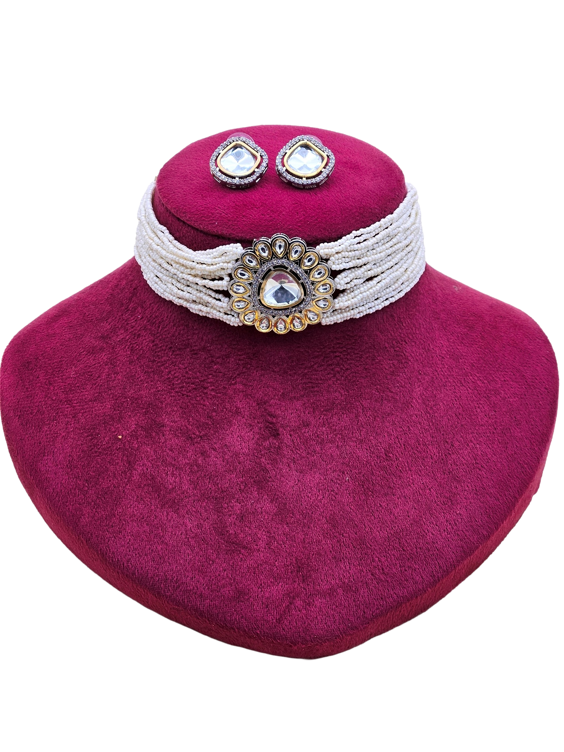 Awesome Antique Gold AD-Brass Kundan Polky- Pearl Choker Necklace-Earrings Set