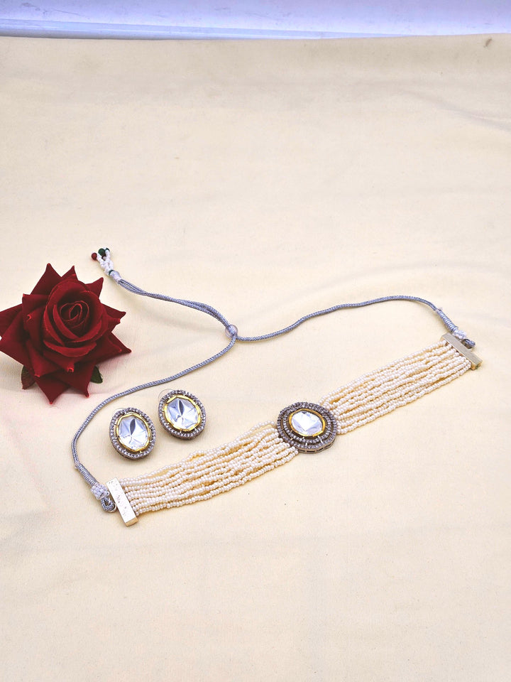 Stunning Antique Gold AD-Brass Kundan Polky- Pearl Choker Necklace-Earrings Set