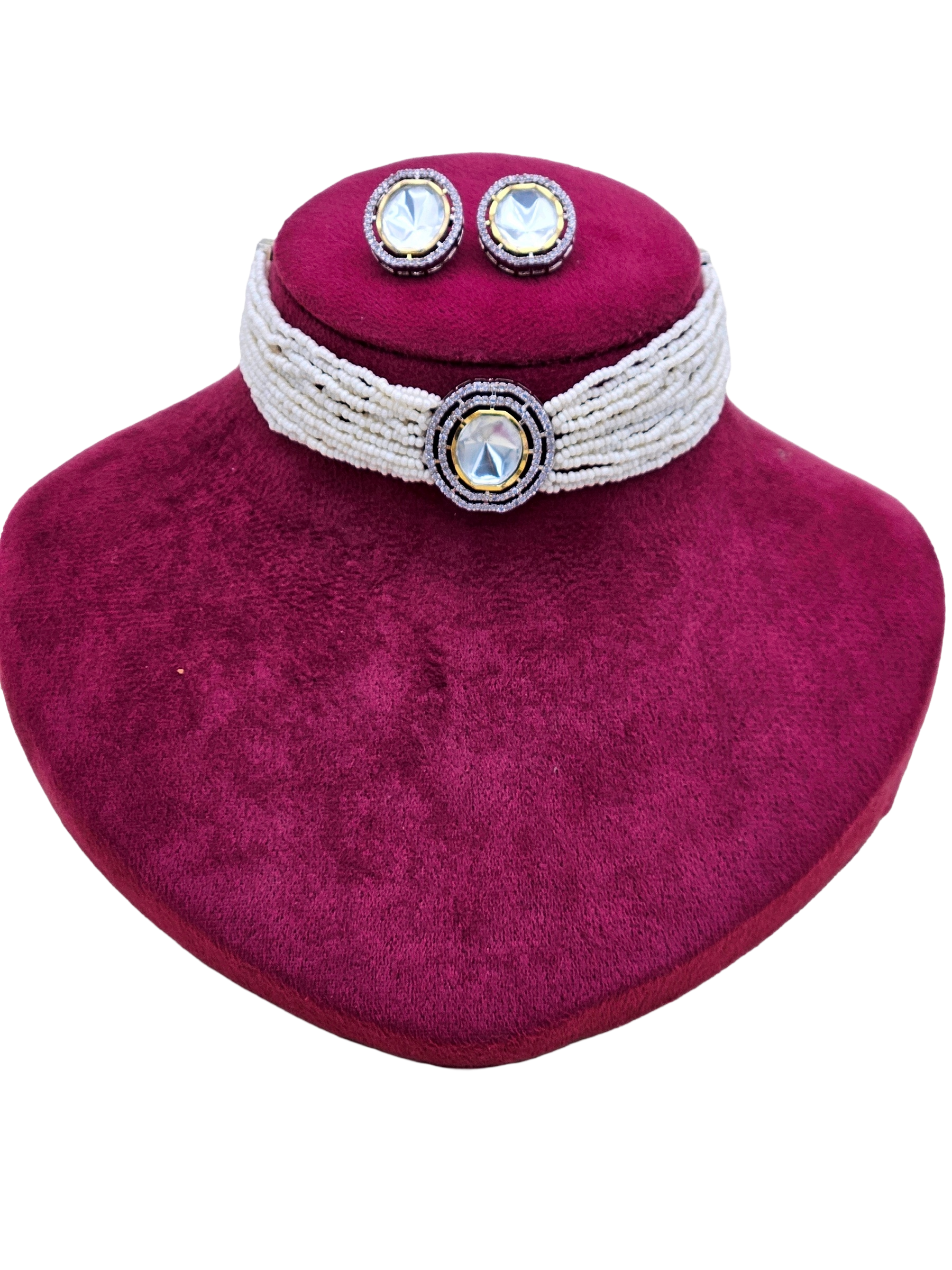 Stunning Antique Gold AD-Brass Kundan Polky- Pearl Choker Necklace-Earrings Set