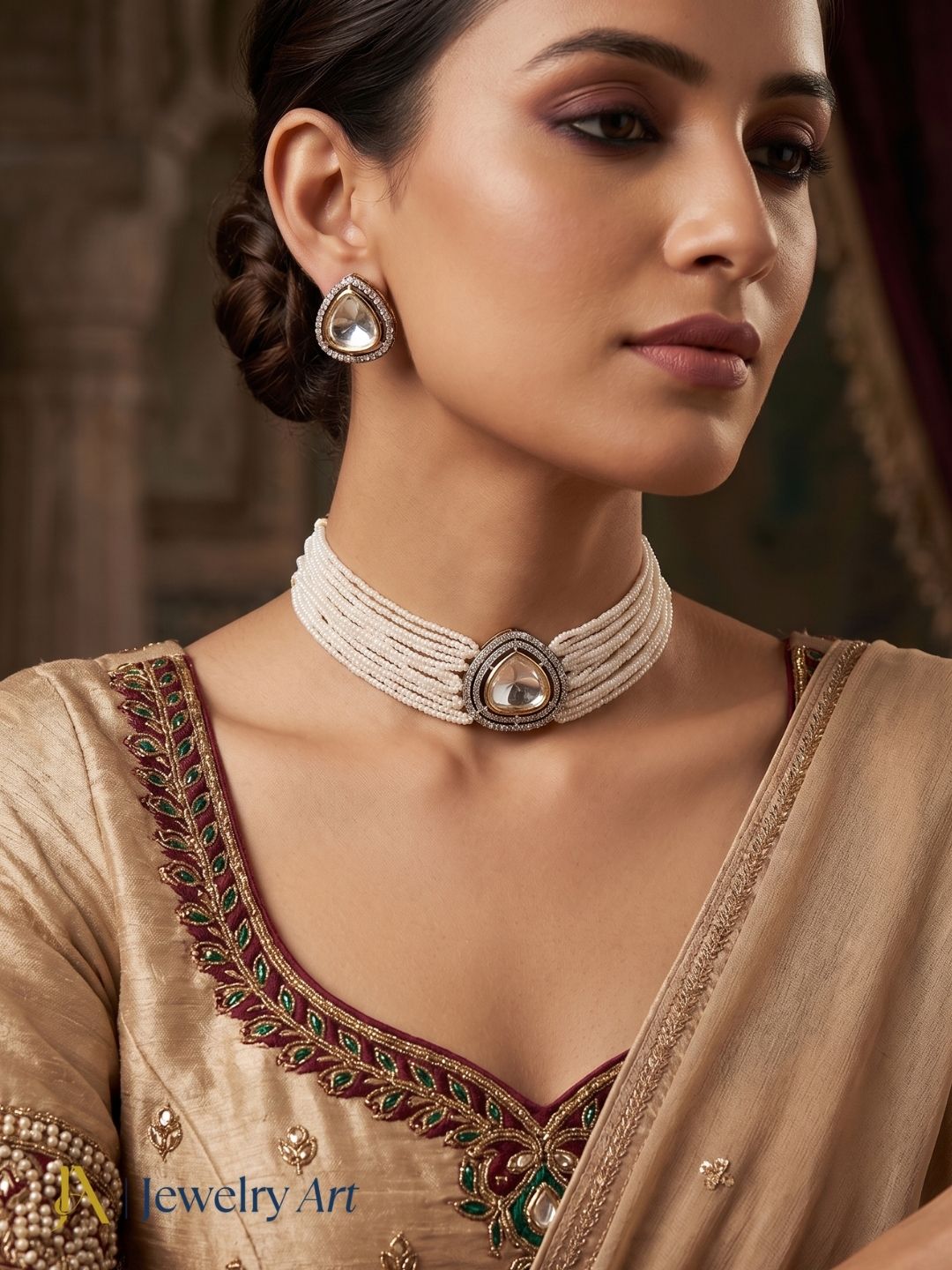 Statement antique gold choker set with pearl accents and elegant earrings

