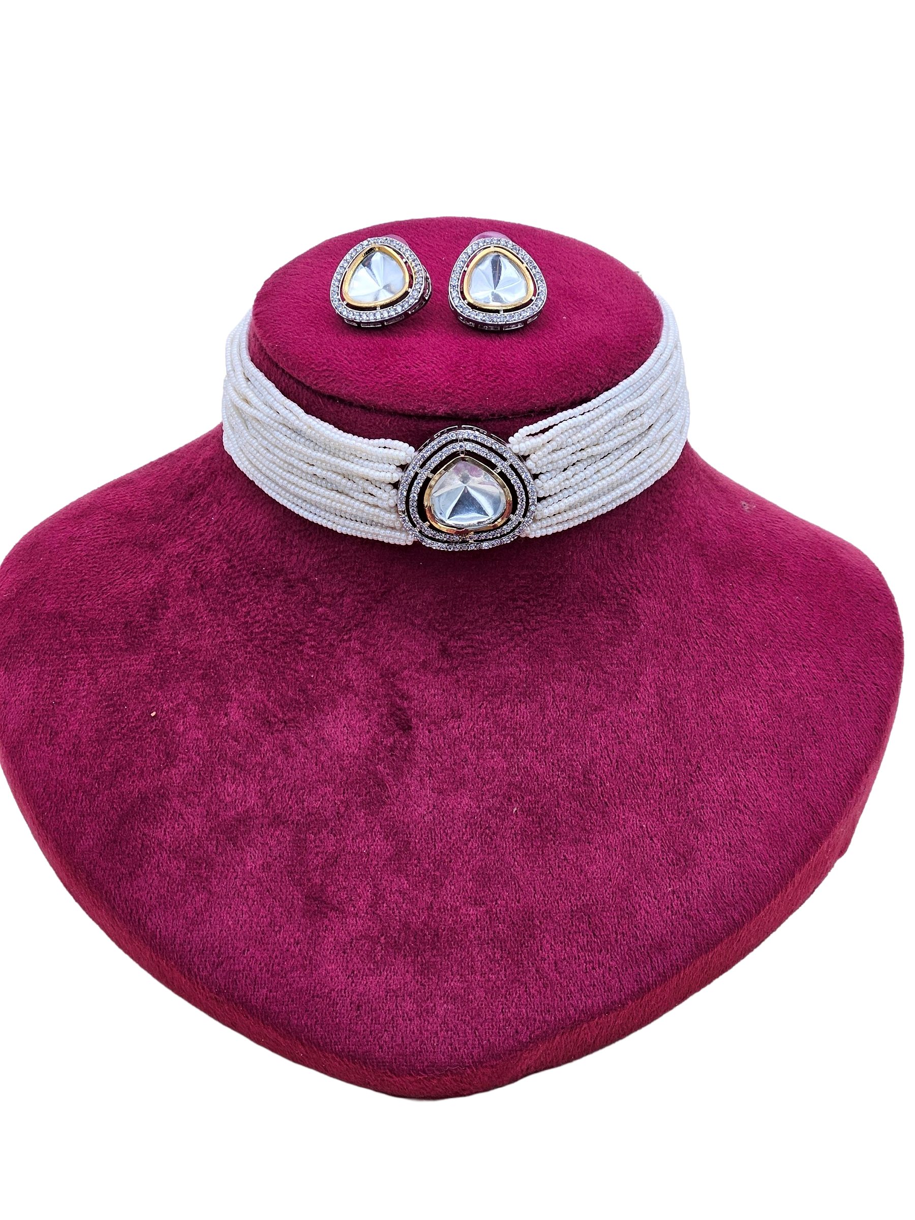 Elegant Antique Gold AD-Brass Kundan Polky- Pearl Choker Necklace-Earrings Set