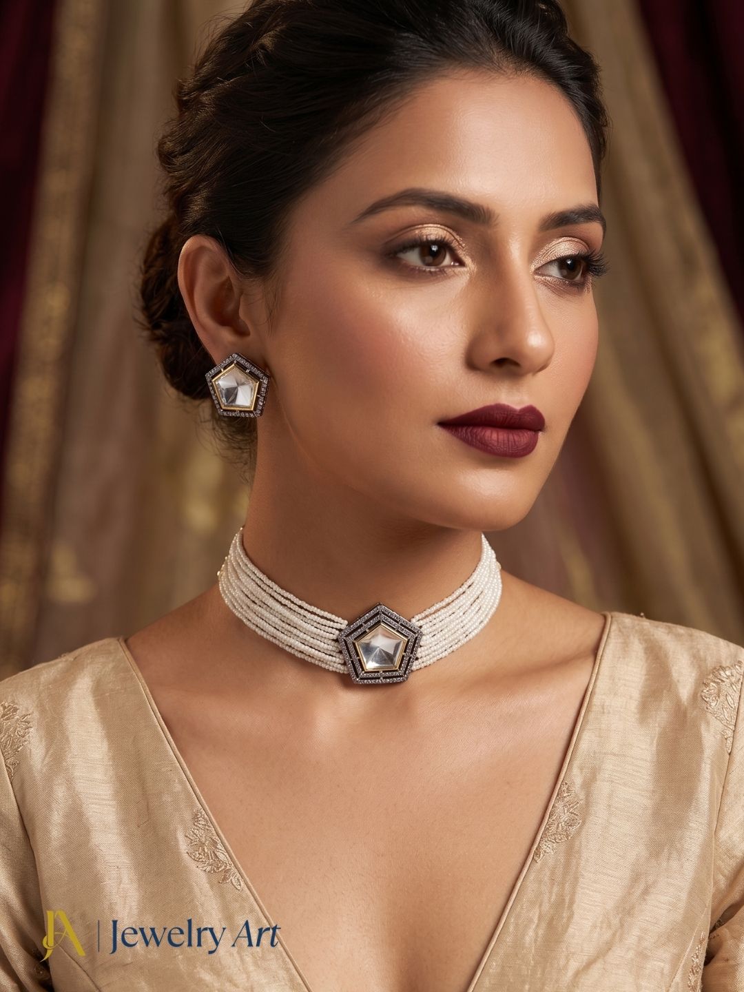 Party wear choker necklace set with pearl embellishments and polky work
