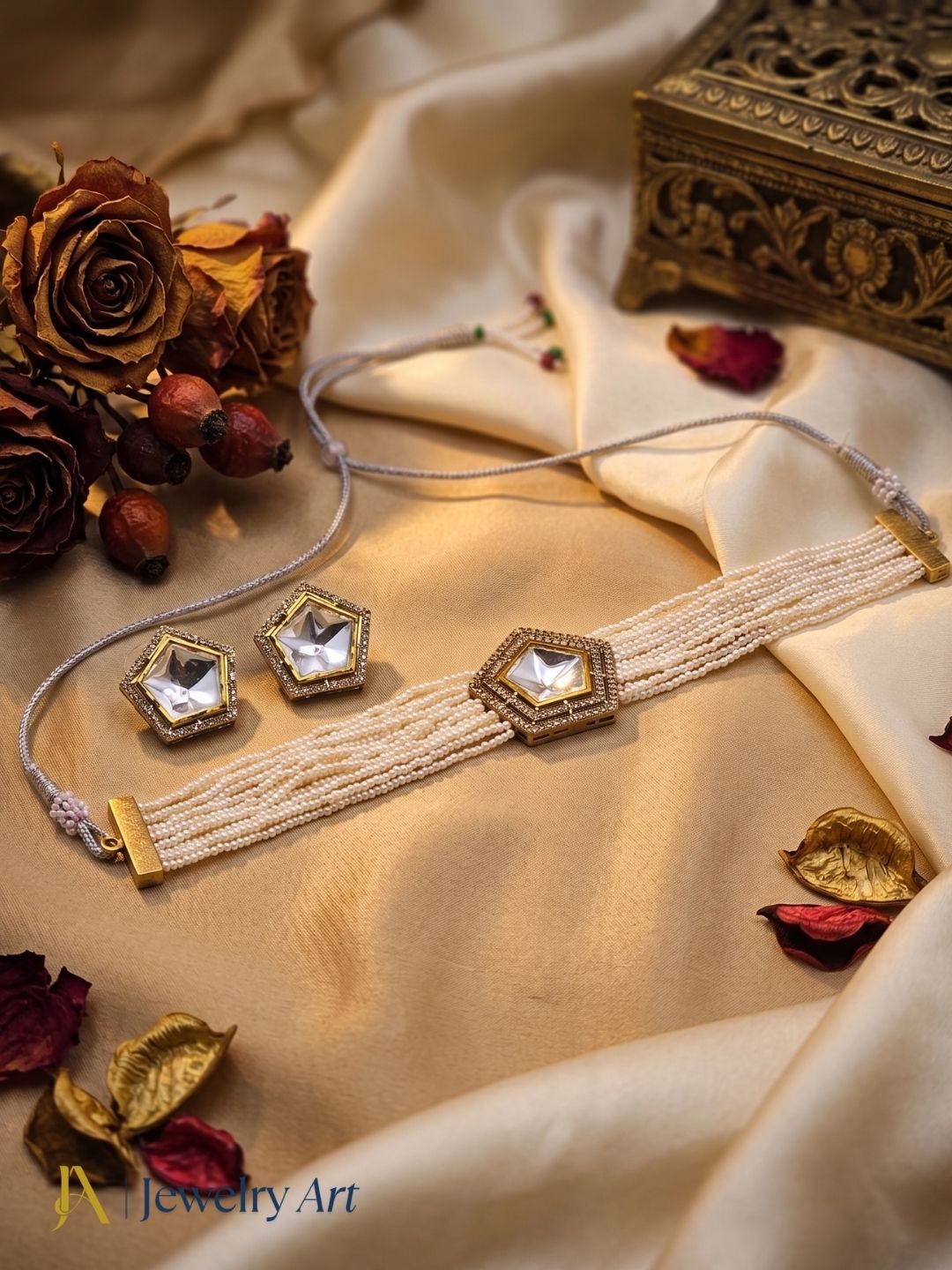Party wear choker necklace set with pearl embellishments and polky work
