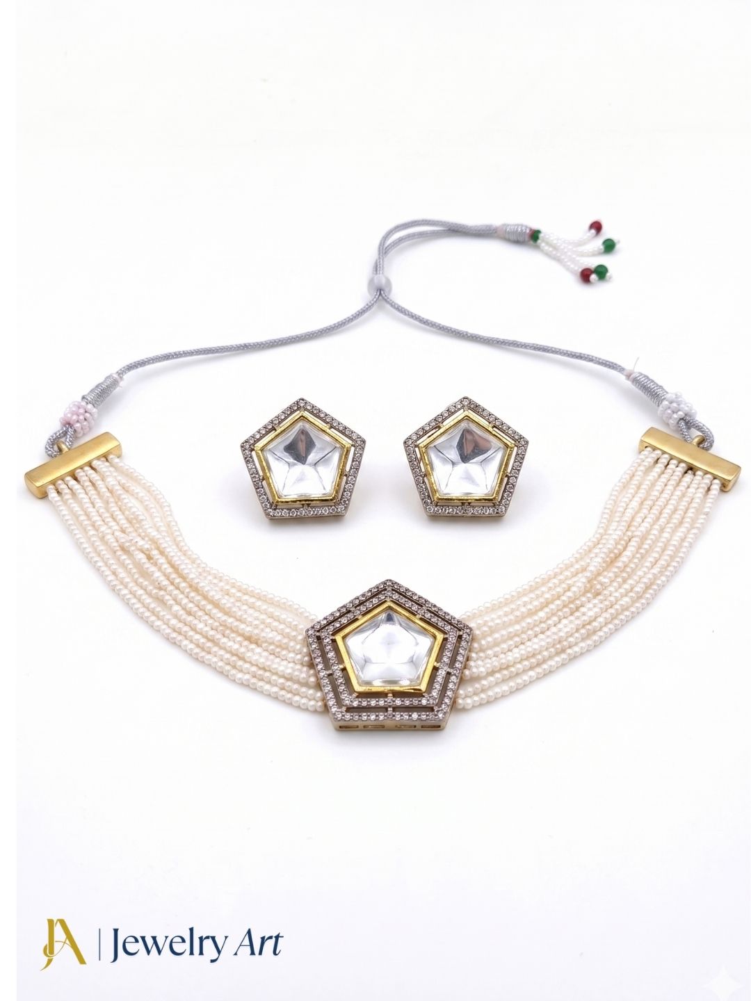 Party wear choker necklace set with pearl embellishments and polky work
