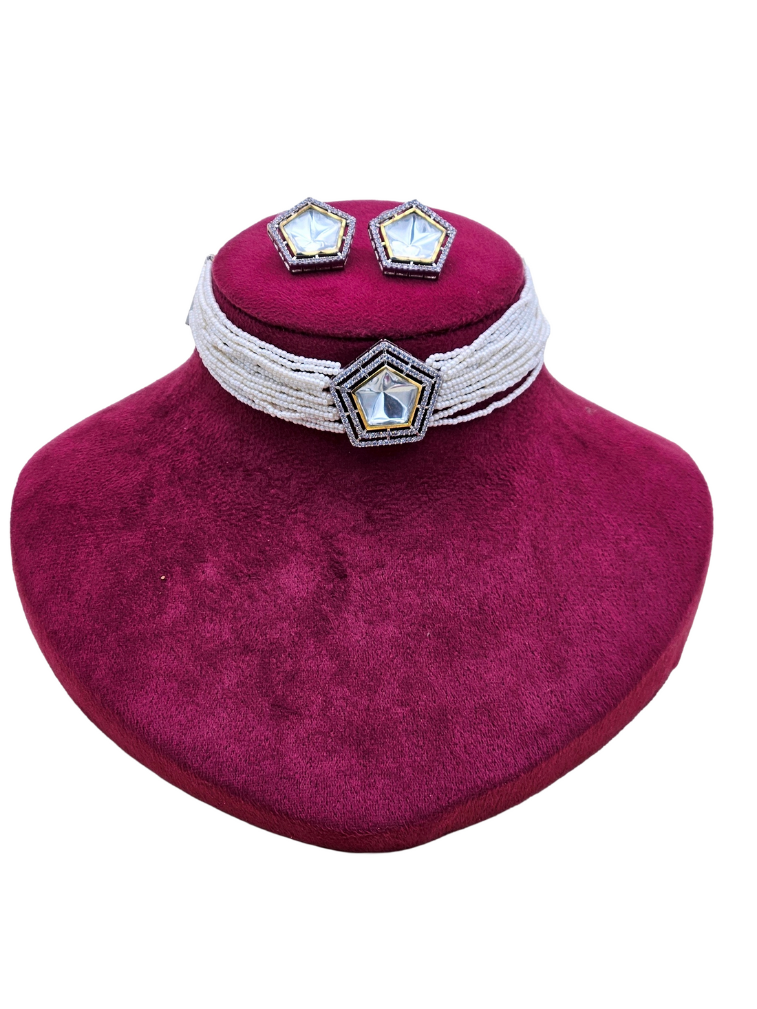 Attracting Antique Gold AD-Brass Kundan Polky- Pearl Choker Necklace-Earrings Set