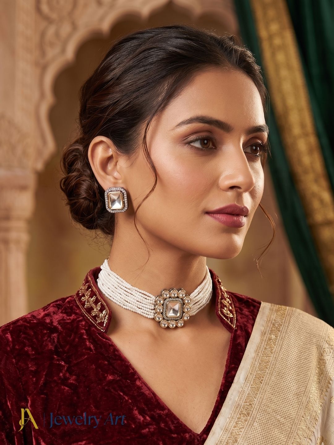 Antique gold plated necklace set with AD stones brass kundan and pearls
