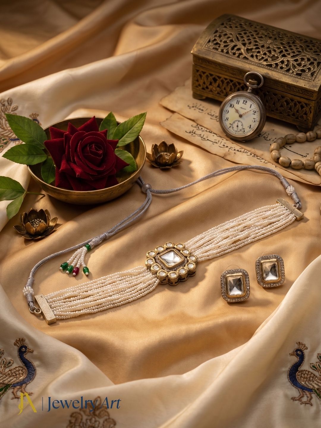 Antique gold plated necklace set with AD stones brass kundan and pearls
