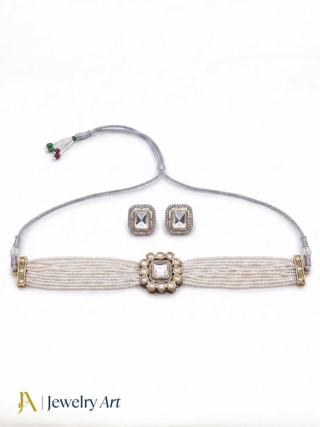 Antique gold plated necklace set with AD stones brass kundan and pearls
