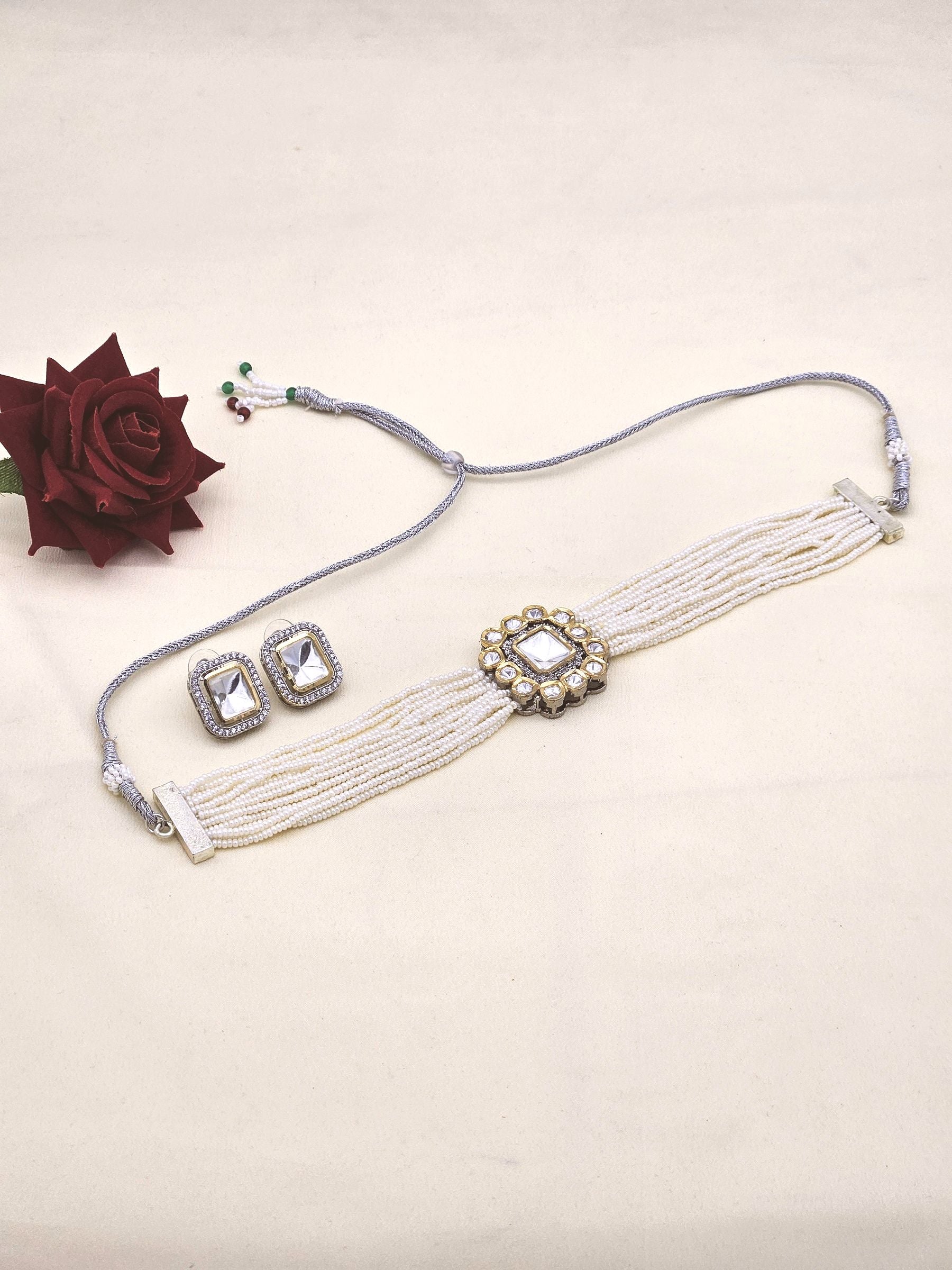 Beautiful Antique Gold AD-Brass Kundan Polky- Pearl Choker Necklace-Earrings Set