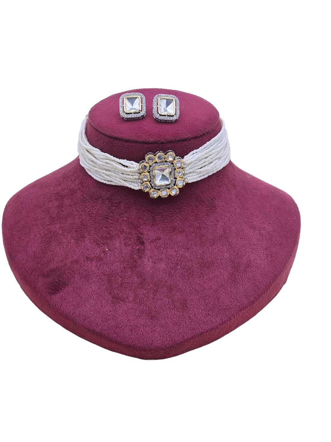 Beautiful Antique Gold AD-Brass Kundan Polky- Pearl Choker Necklace-Earrings Set