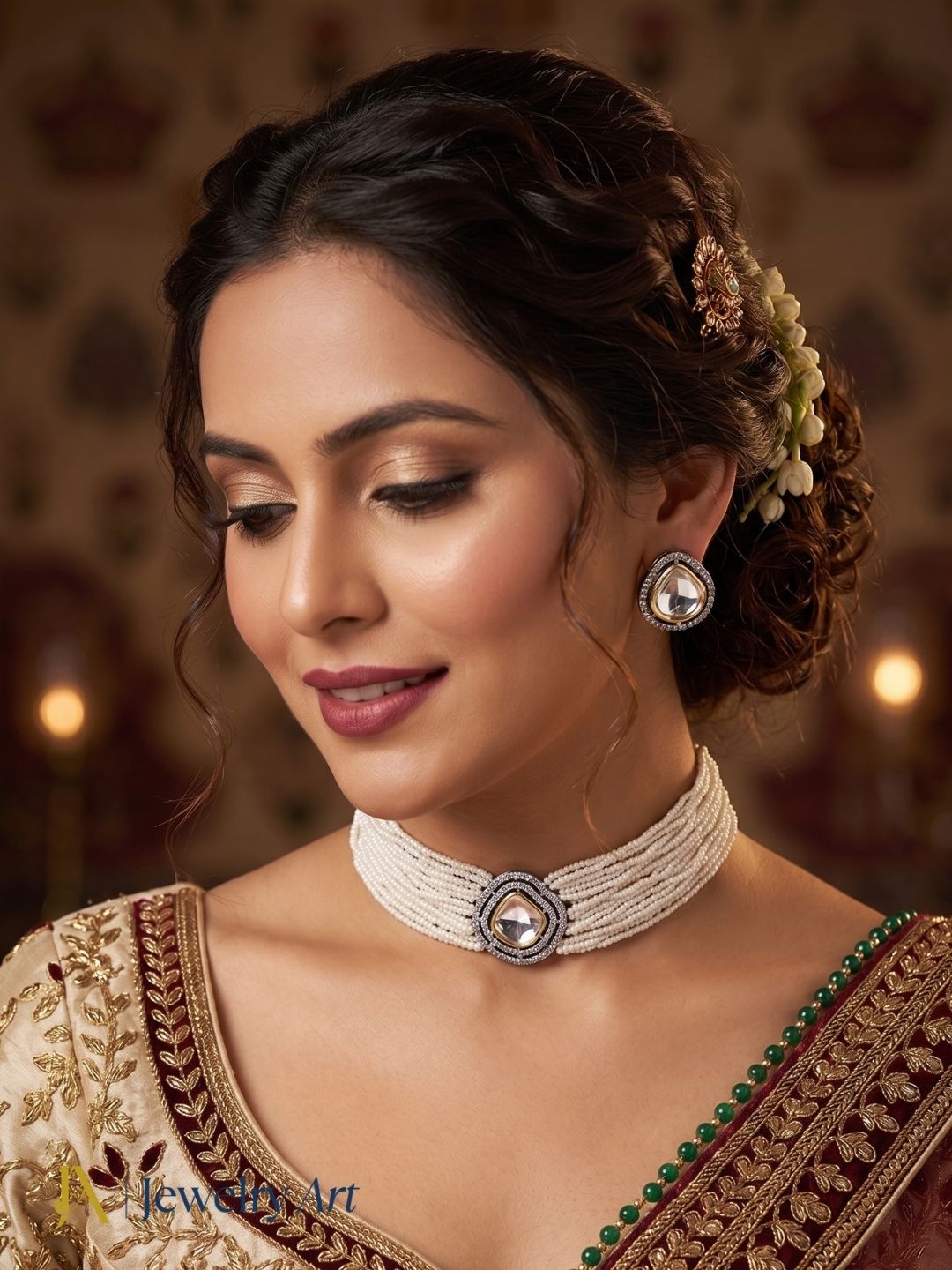 Classic traditional necklace set with brass kundan polky and pearl design

