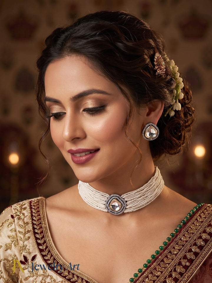 Classic traditional necklace set with brass kundan polky and pearl design
