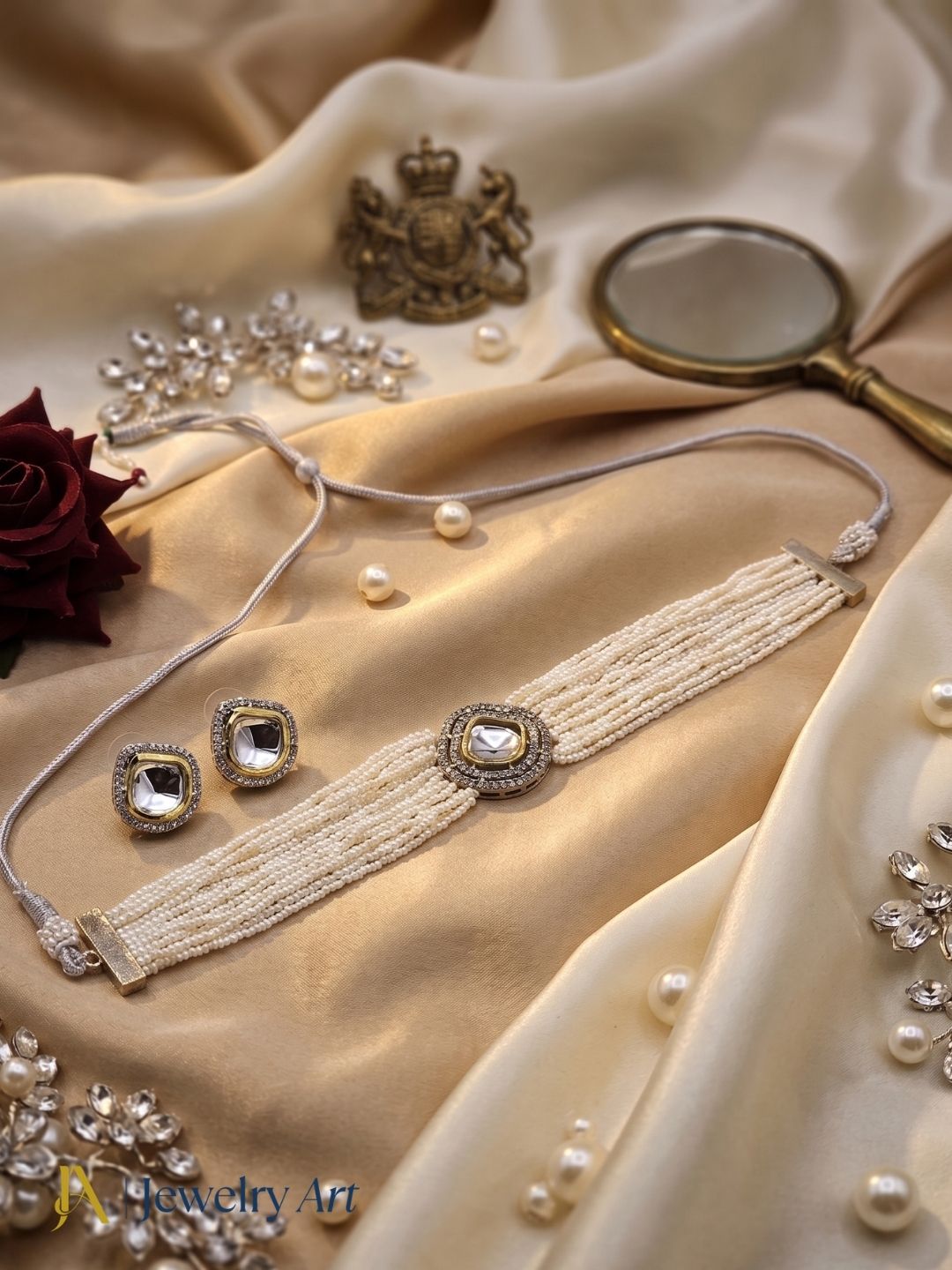 Classic traditional necklace set with brass kundan polky and pearl design

