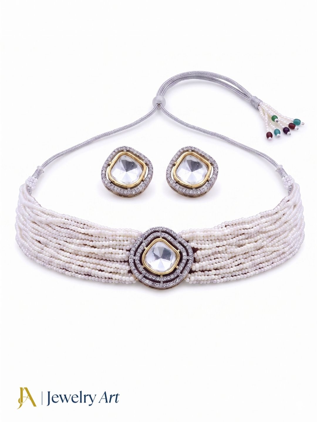 Classic traditional necklace set with brass kundan polky and pearl design
