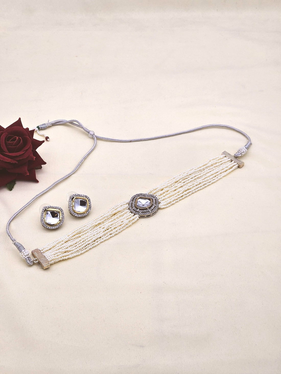 Gorgeous Antique Gold AD-Brass Kundan Polky- Pearl Choker Necklace-Earrings Set